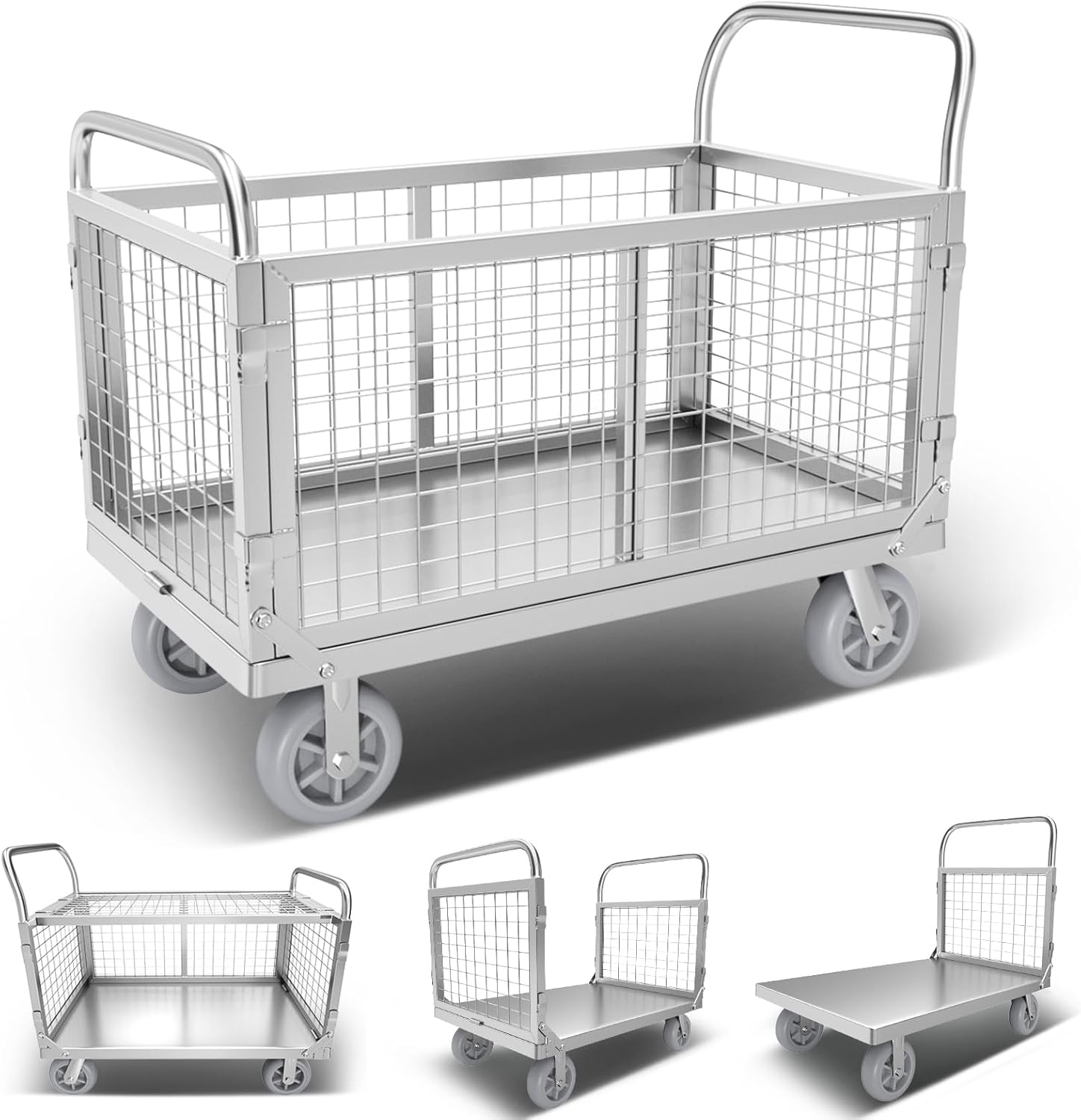 Platform Truck Cart with Cage, 6 in1 Foldable Flatbed Cart Heavy Duty Push Cart Dolly W/Swivel