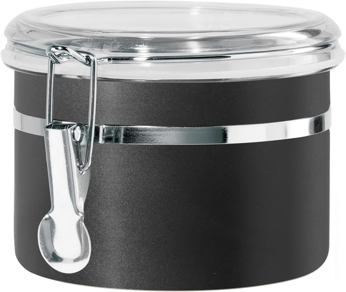 Oggi Stainless Steel Kitchen Canister 26 fl oz, Black - Airtight Clamp Lid, Clear See-Thru Top