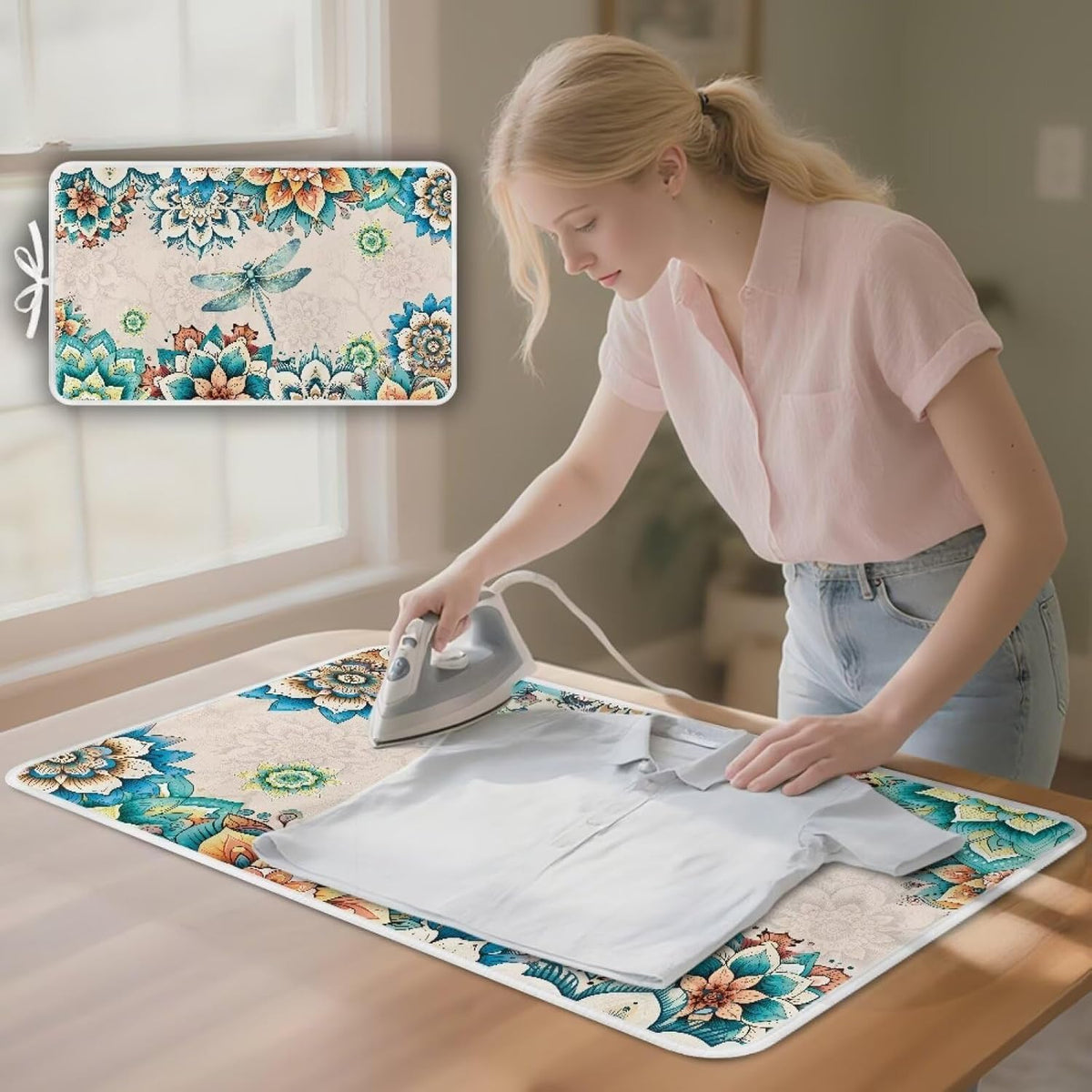 Bohemian Folding Ironing Mat Heat and Steam Resistant Dragonfly Ironing Pad 32 x 16 Inch Foldable