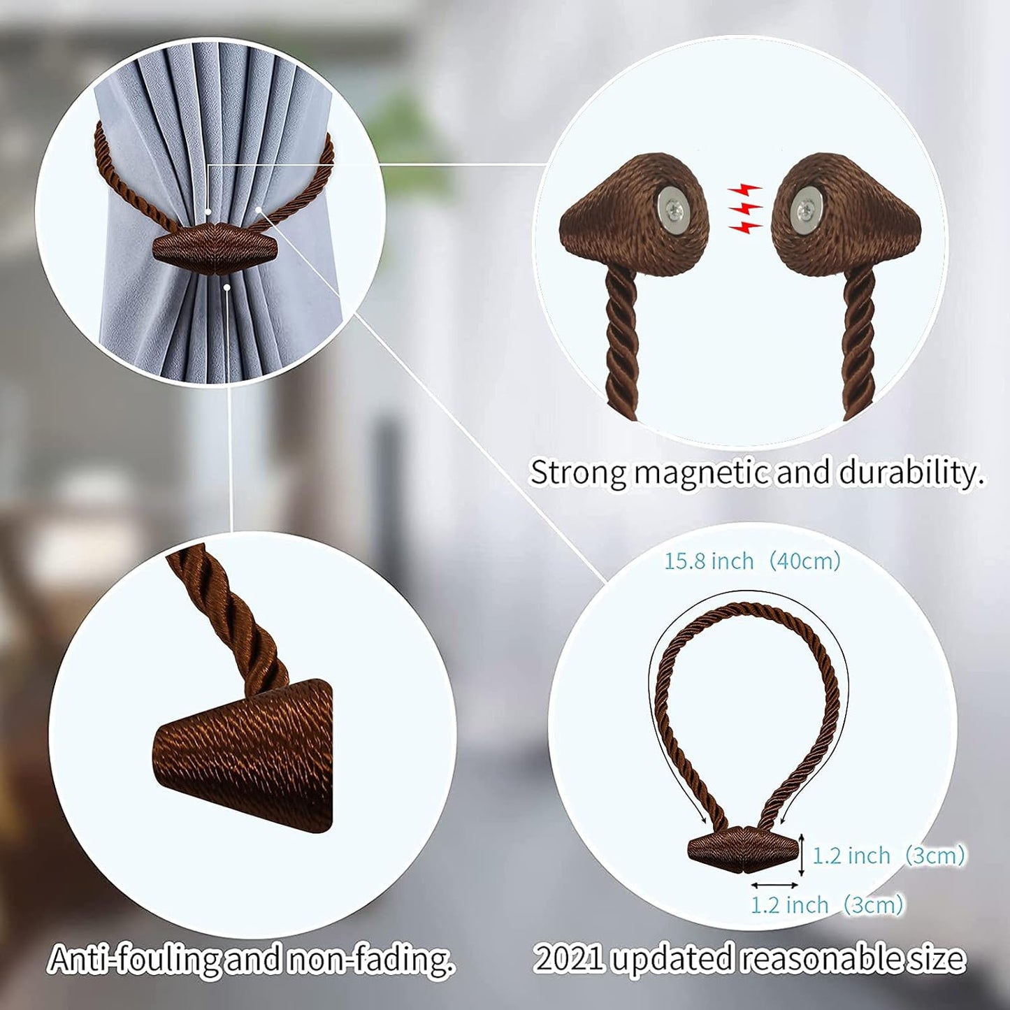 Hion Magnetic Curtain Tiebacks Dark Brown 2pcs, Curtain Tiebacks Buckles Holdbacks Holders Hooks