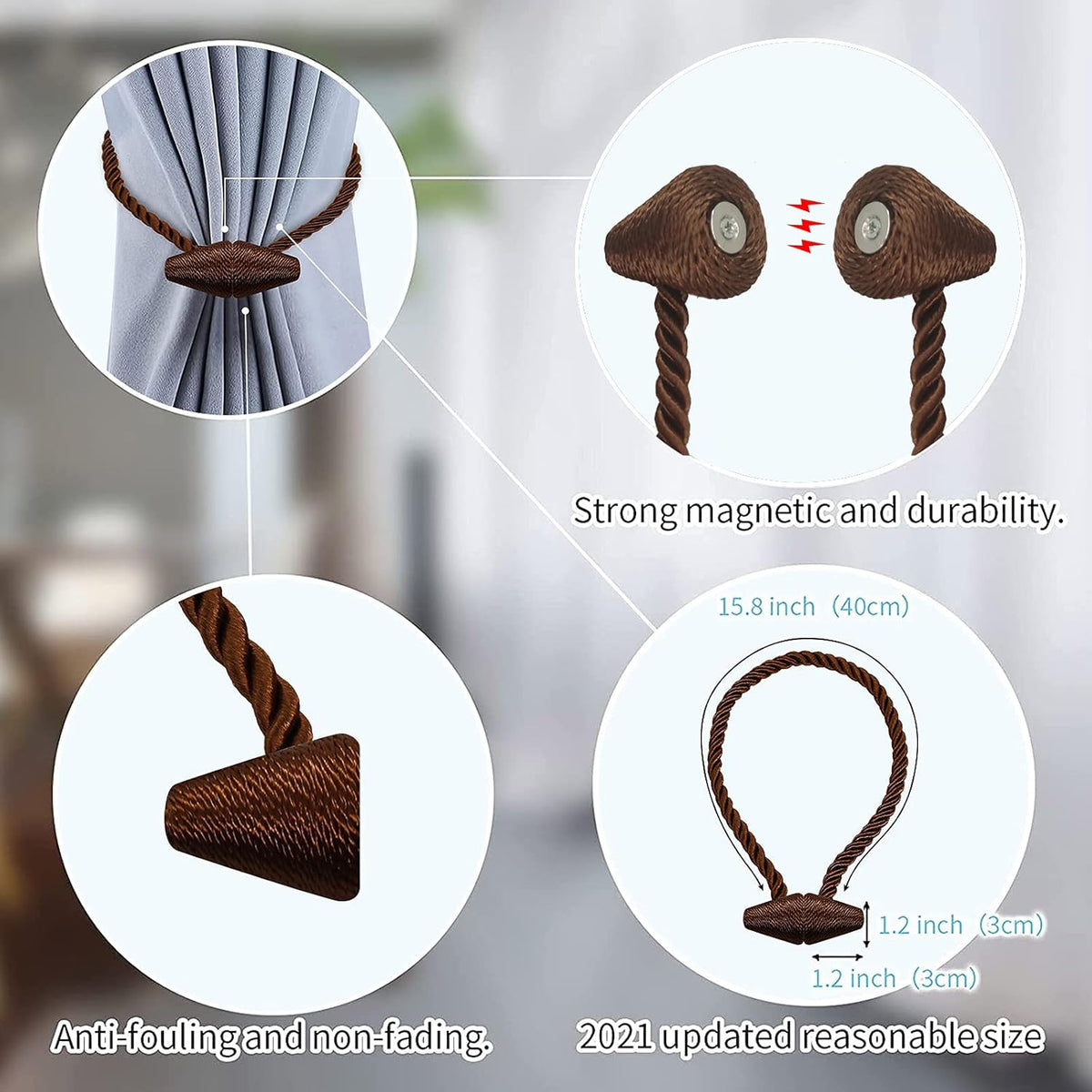 Hion Magnetic Curtain Tiebacks Dark Brown 2pcs, Curtain Tiebacks Buckles Holdbacks Holders Hooks