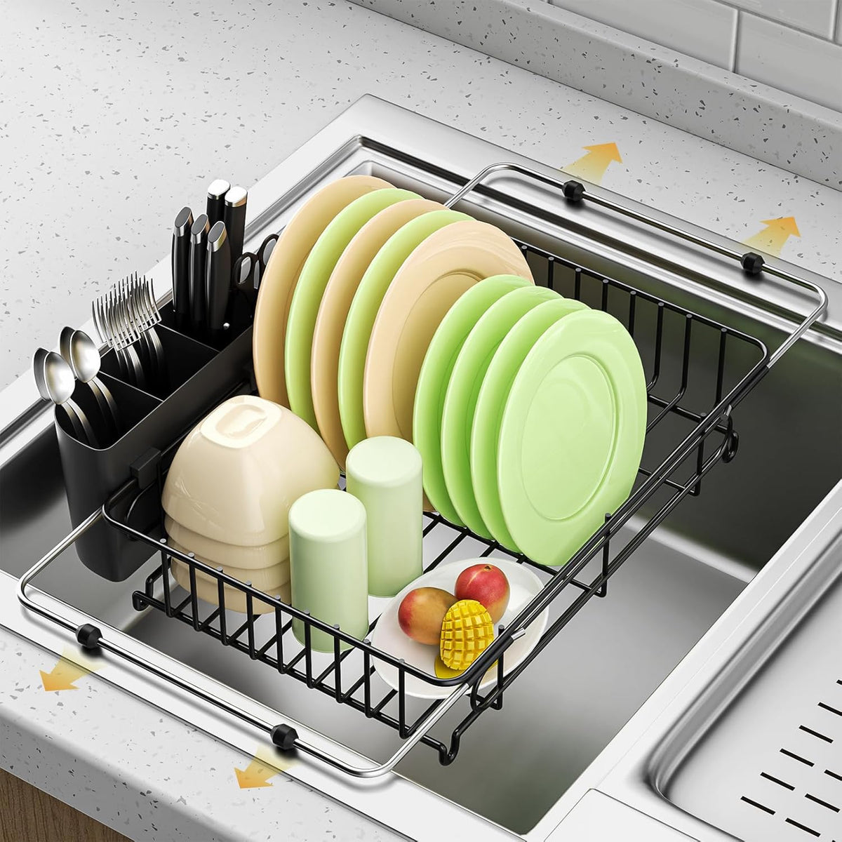 Expandable in Sink Dish Drying Rack,Small Dish Rack Over Sink with Utensil Holder,Stainless Steel
