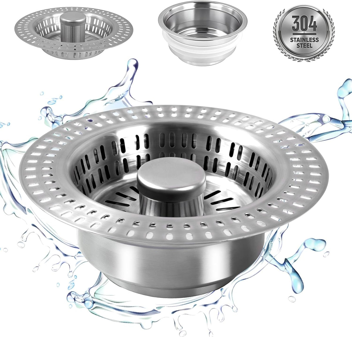 3 in 1 Kitchen Sink Drain Strainer Stopper, Stainless Steel Pop Up Sink Stopper with Anti-Clogging