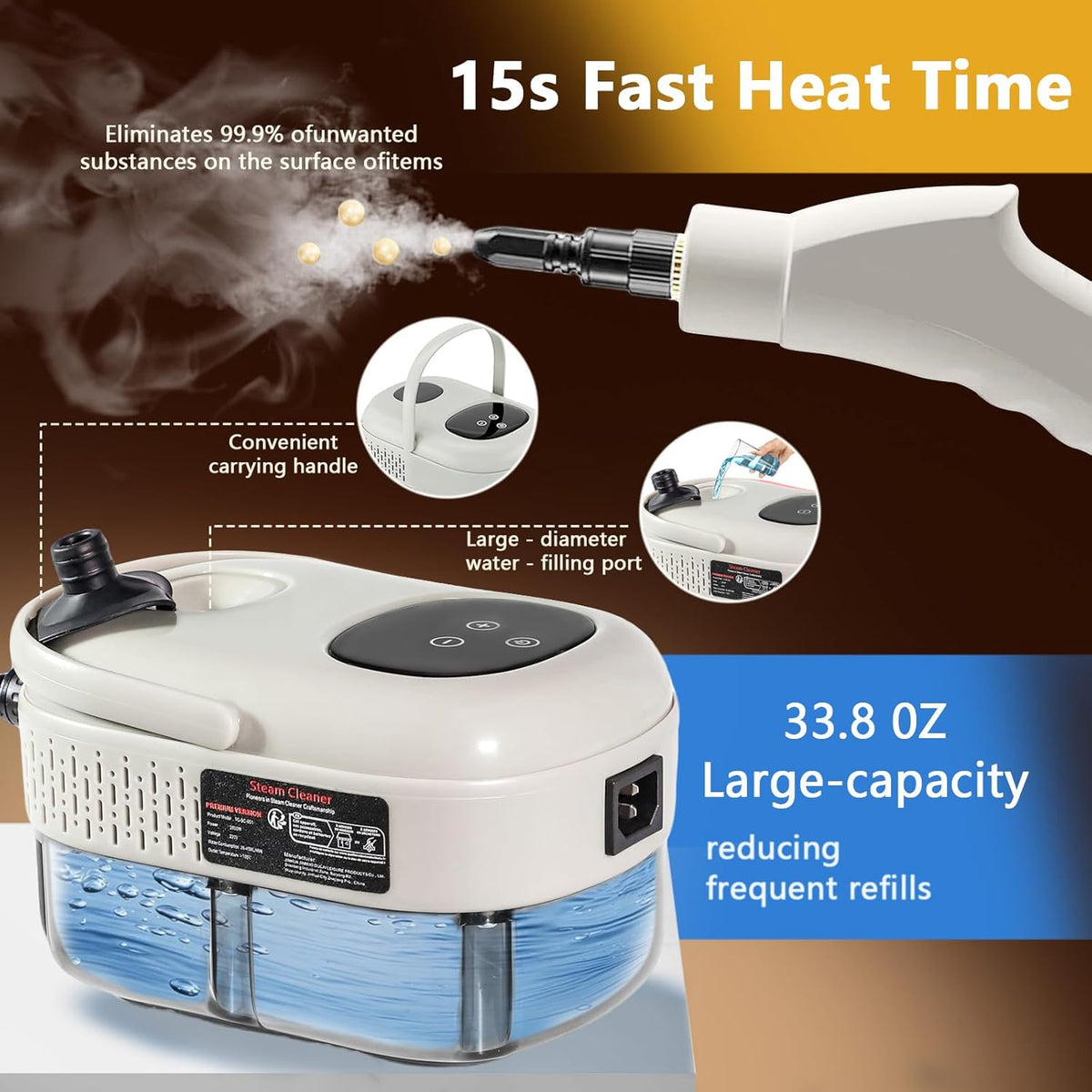 Handheld Steam Cleaner, 1000ml Water Tank, 15S Heat-up Time, Multipurpose Steamer for Home Use