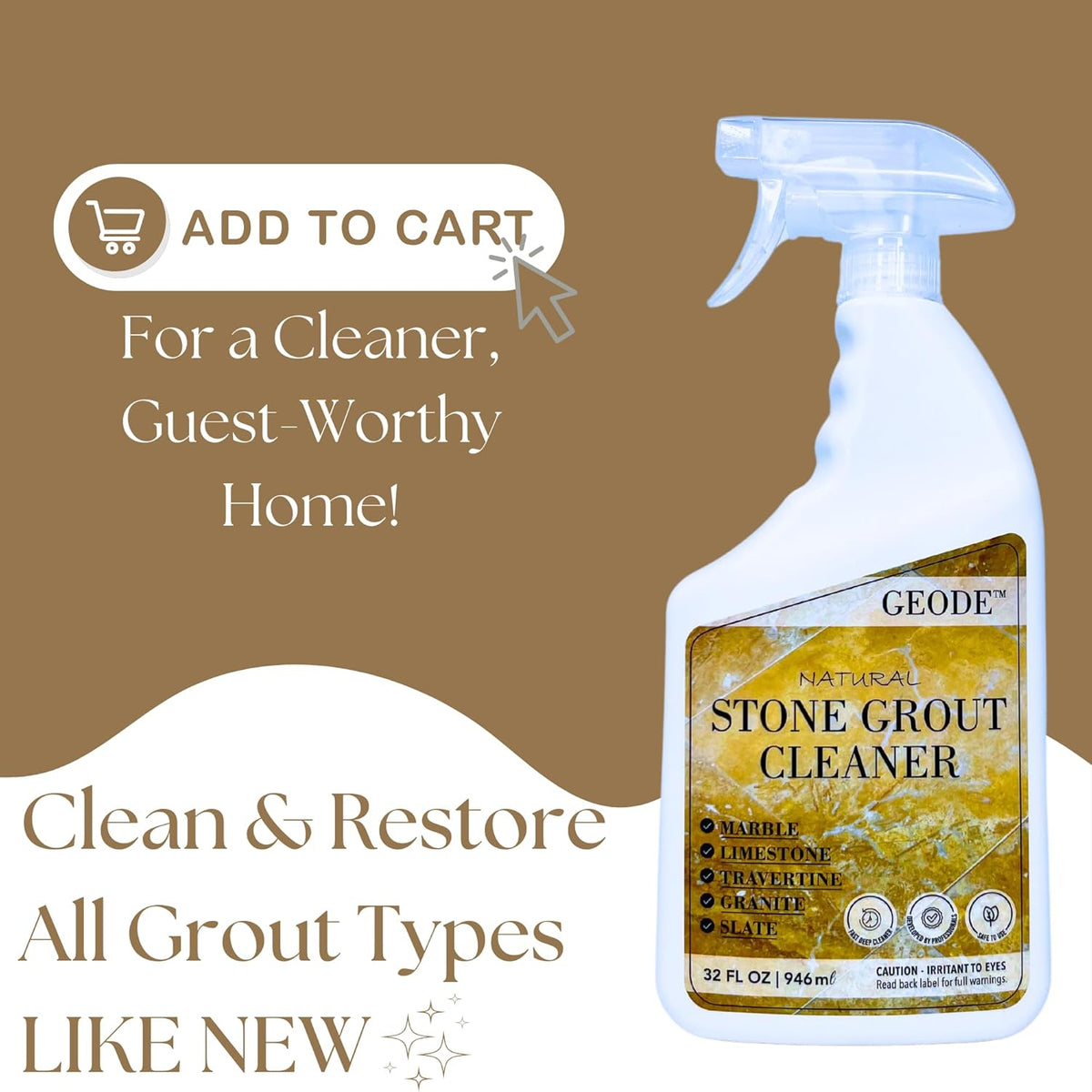 Natural Stone Grout Cleaner, Safe for Marble, Travertine, Limestone, Tile Spray on Grout Cleaner.