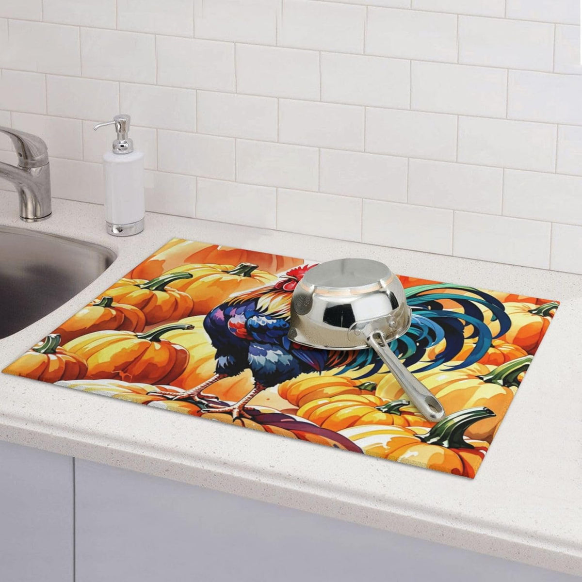 Rooster Pumpkin Dish Drying Mat Highly Absorbent Double-Sided Microfiber with Hanging Loop