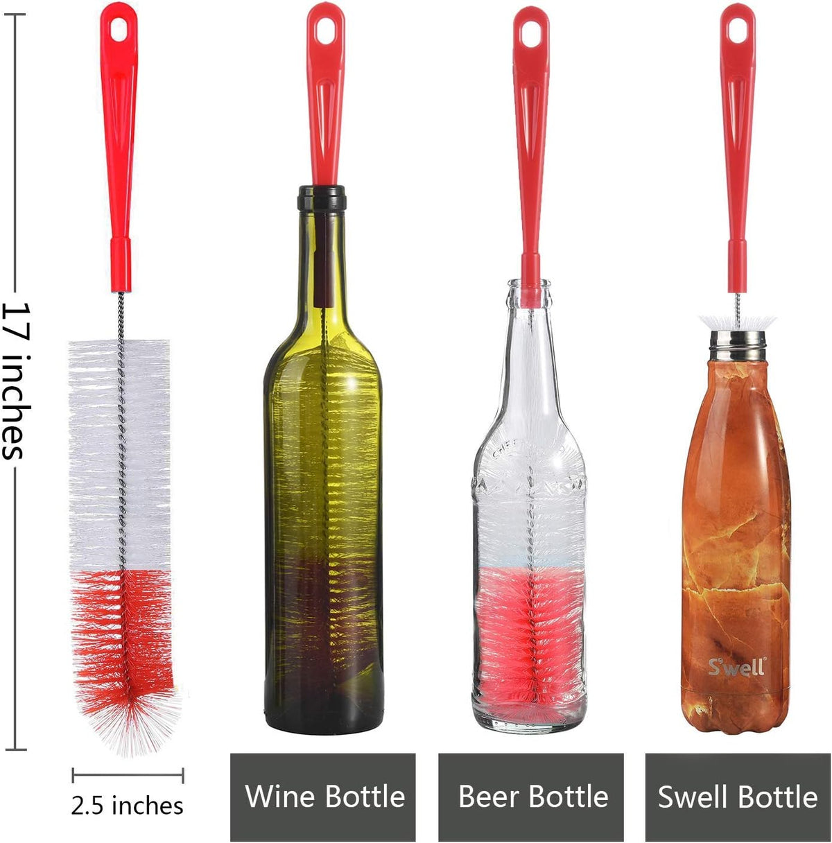 ALINK 5-Pack Red Bottle Brush Cleaner Set - Long Large Cleaing Brush for Narrow Neck Wine/Beer