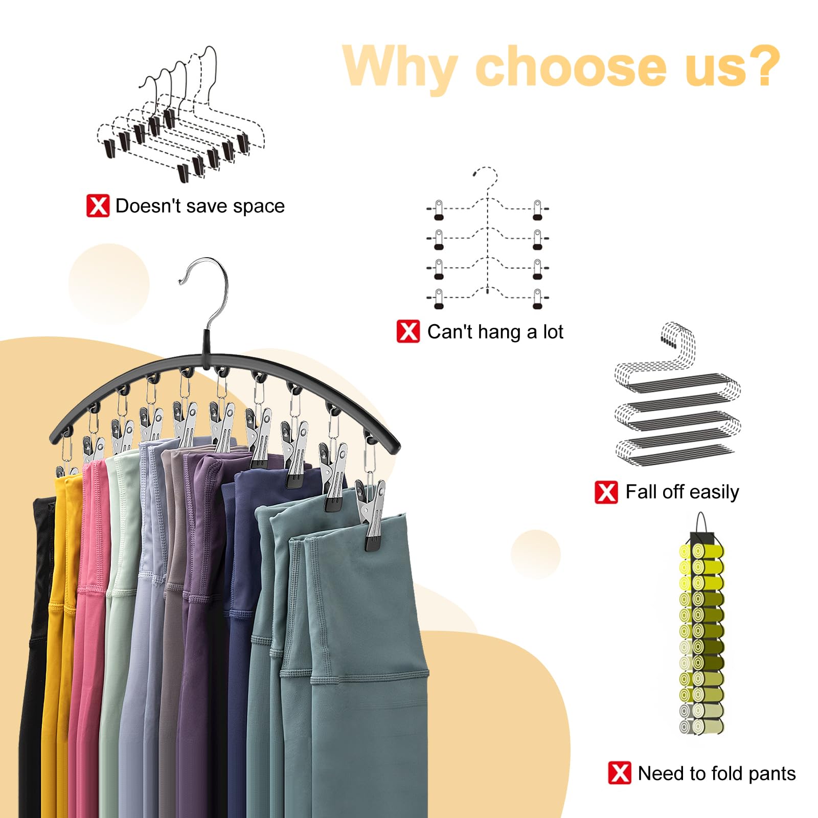Volnamal Legging Organizer for Closet,2 Pack Metal Yoga Pants Hangers w/10 Clips Hold 20
