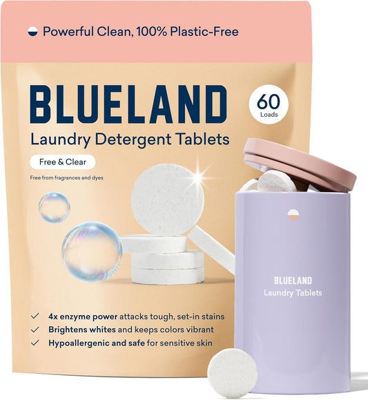 BLUELAND Laundry Detergent Tablets, Starter Set, 60 Count with Tin, Plastic-Free Eco-Friendly Pods