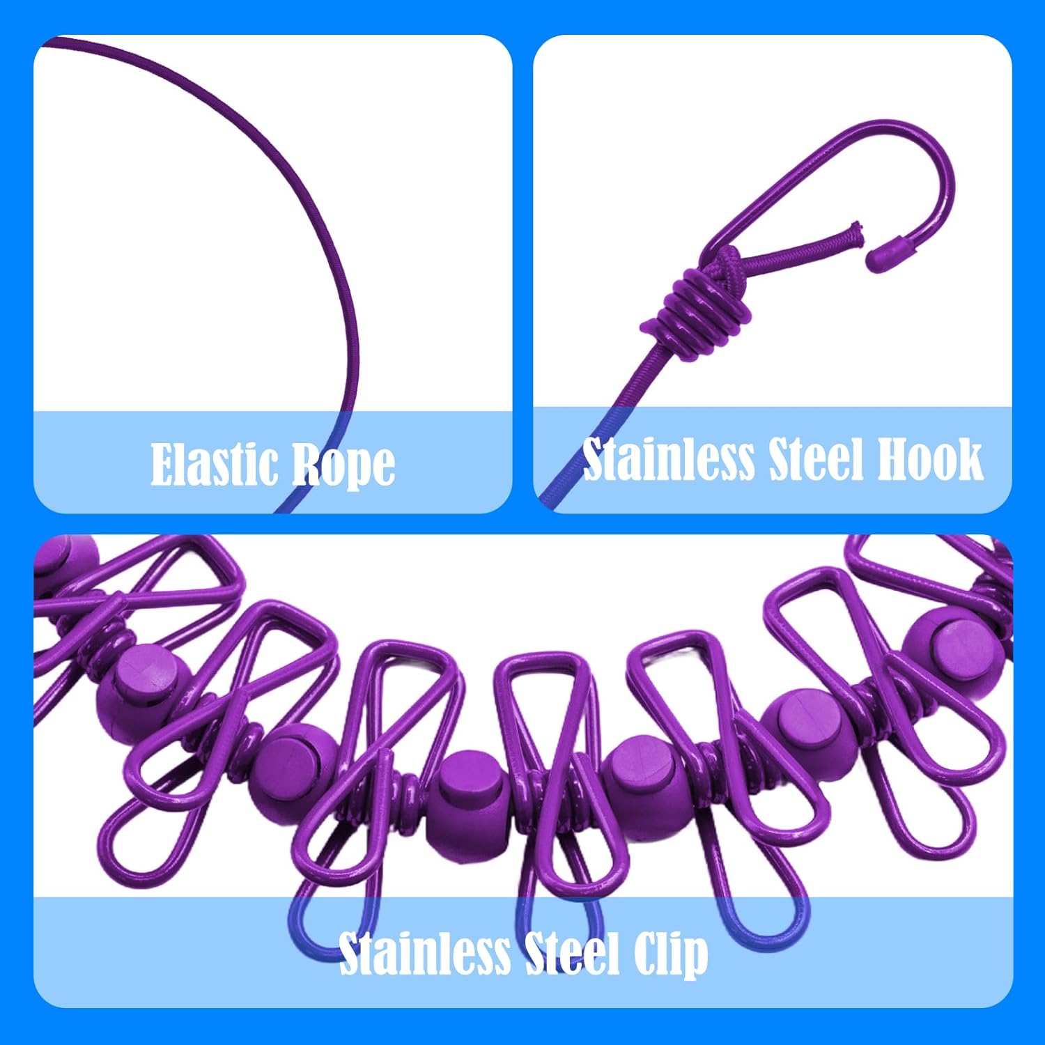 2 Pack Camping Clothesline Portable 12 Clothespins, Purple Camping Accessories Travel Clothesline