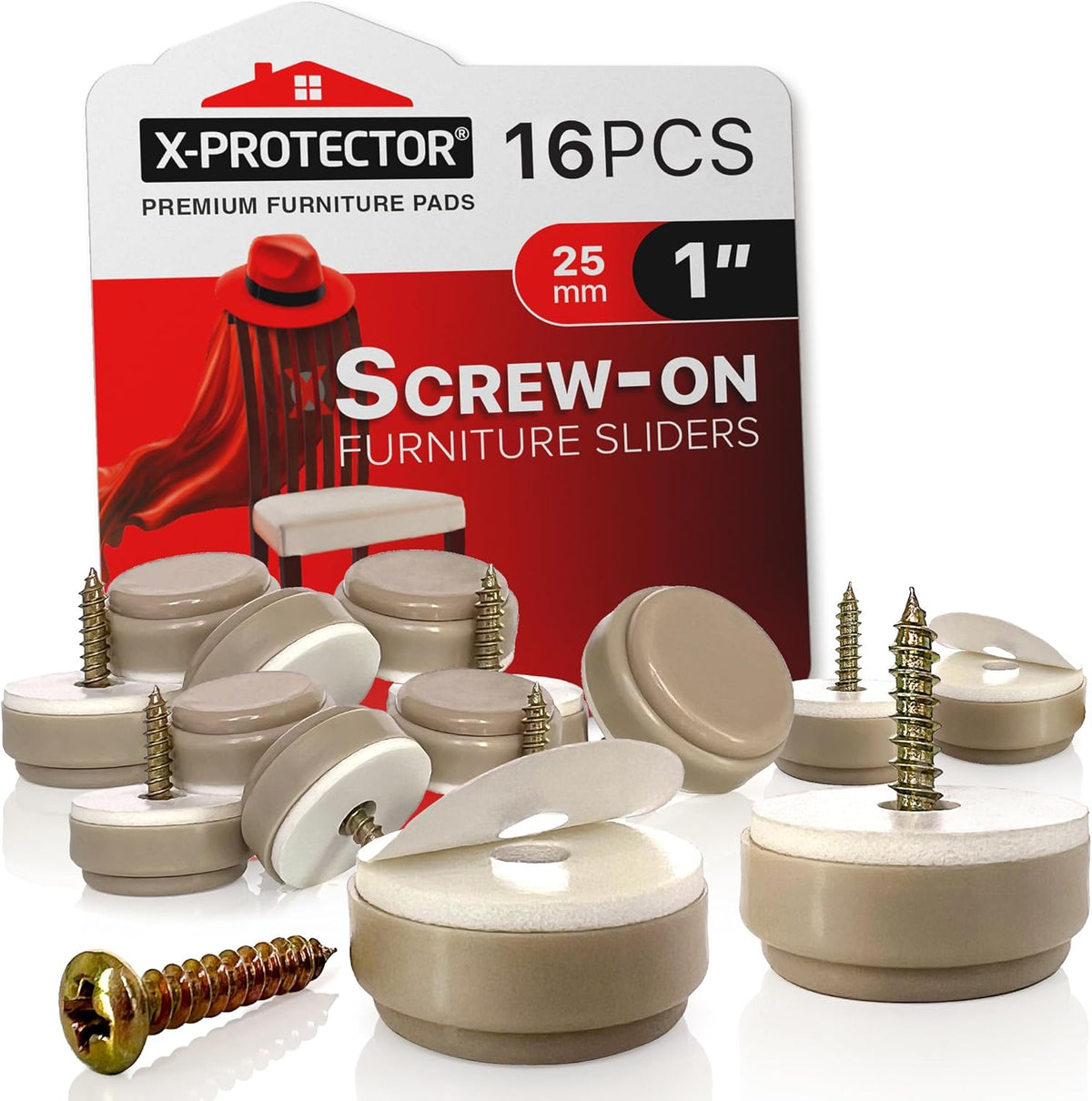 Chair Glides X-PROTECTOR – 16 PCS 1" Furniture Glides – Screw-On Chair Sliders – Premium Chair Leg