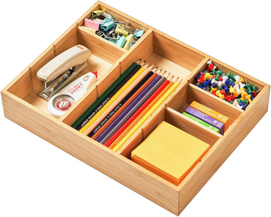 Umilife Desk Drawer Organizer, Bamboo Wood Organizer Tray with Adjustable Compartments, Office Desk