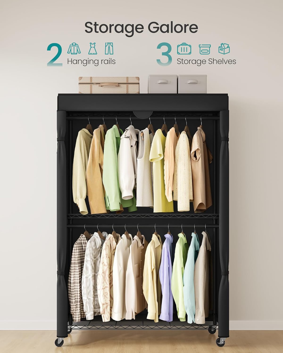 SONGMICS Heavy-Duty Rolling Clothes Rack, Garment Rack, Portable Closet, 43.3-Inch Wide Clothing
