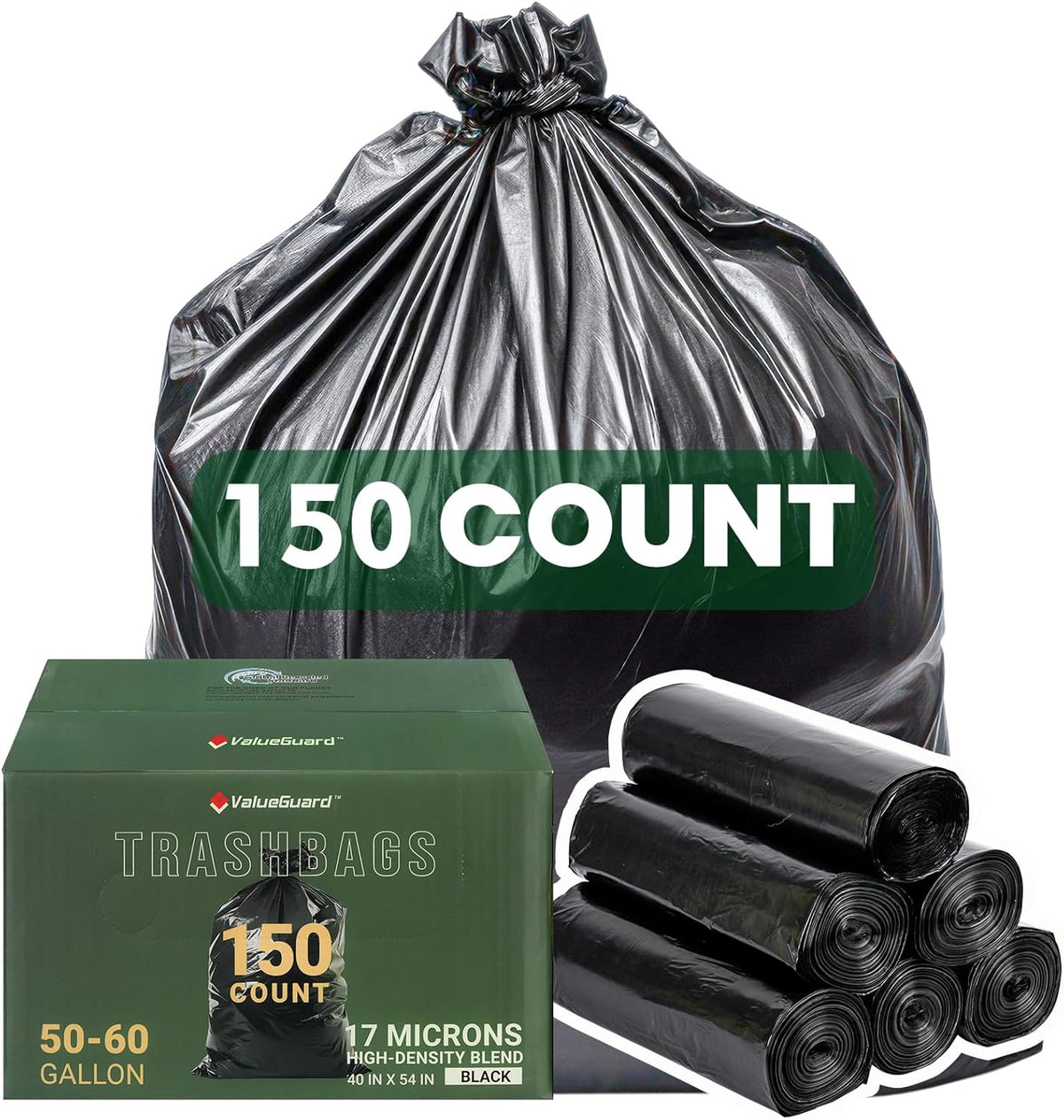 150 Count 55-60 Gallon Trash Bags, Large Garbage Bags Sturdy & Tear-Resistant Commercial Can Liners
