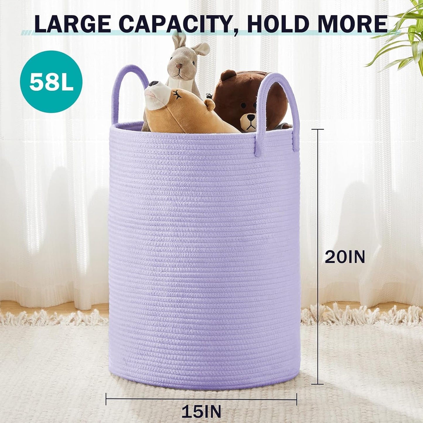 YOUDENOVA Laundry Hamper Basket, Woven 58L Tall Laundry Basket for Blanket Organizer- Clothes