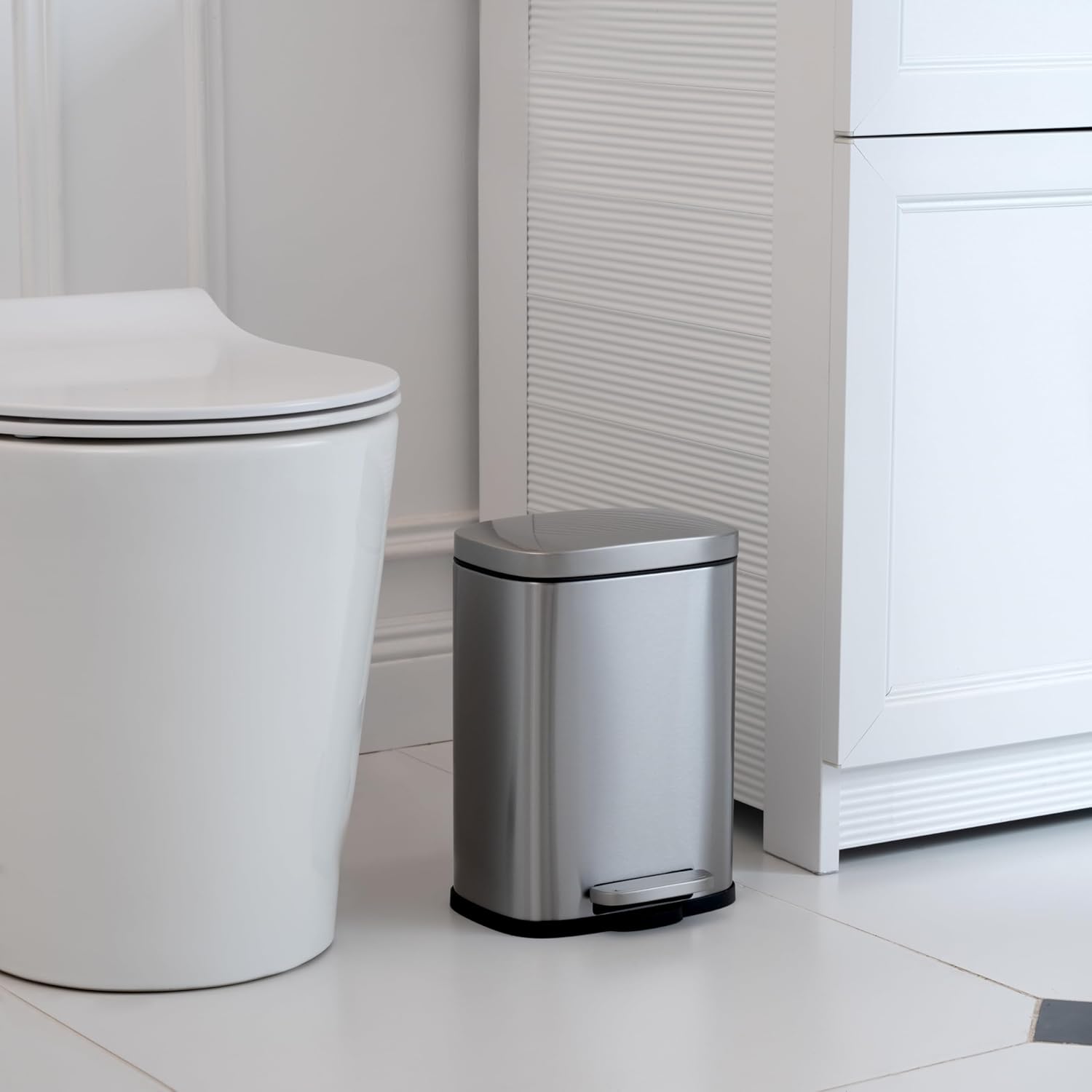 Amazon Basics Smudge Resistant Mini Rectangular Trash Can With Soft-Close Foot Pedal, Brushed