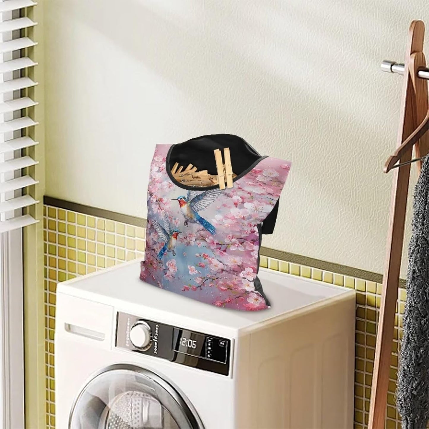 Hummingbird Clothespin Bag with Hanging Hook Cherry Blossom Clothes Pin Holder Waterproof