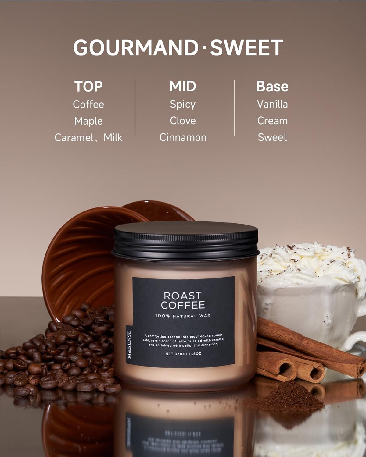 M&SENSE Coffee Candles Scented Strong, 2 Wick 11.6oz 70 Hours Burning Time Organic Natural Soy Wax