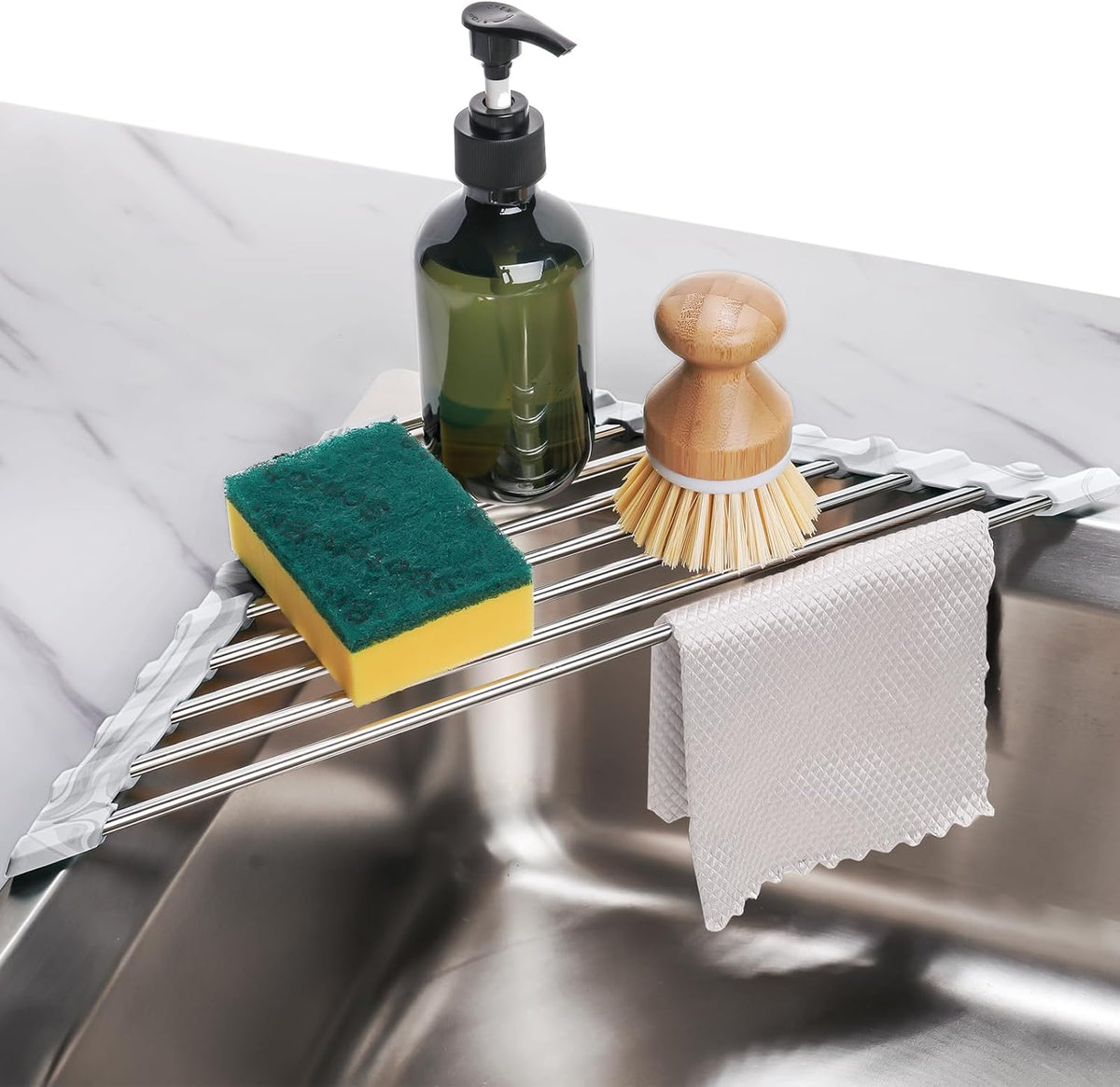 Tomorotec Marble Triangle Roll-Up Dish Drying Rack for Sink Corner - Small, Foldable, Stainless
