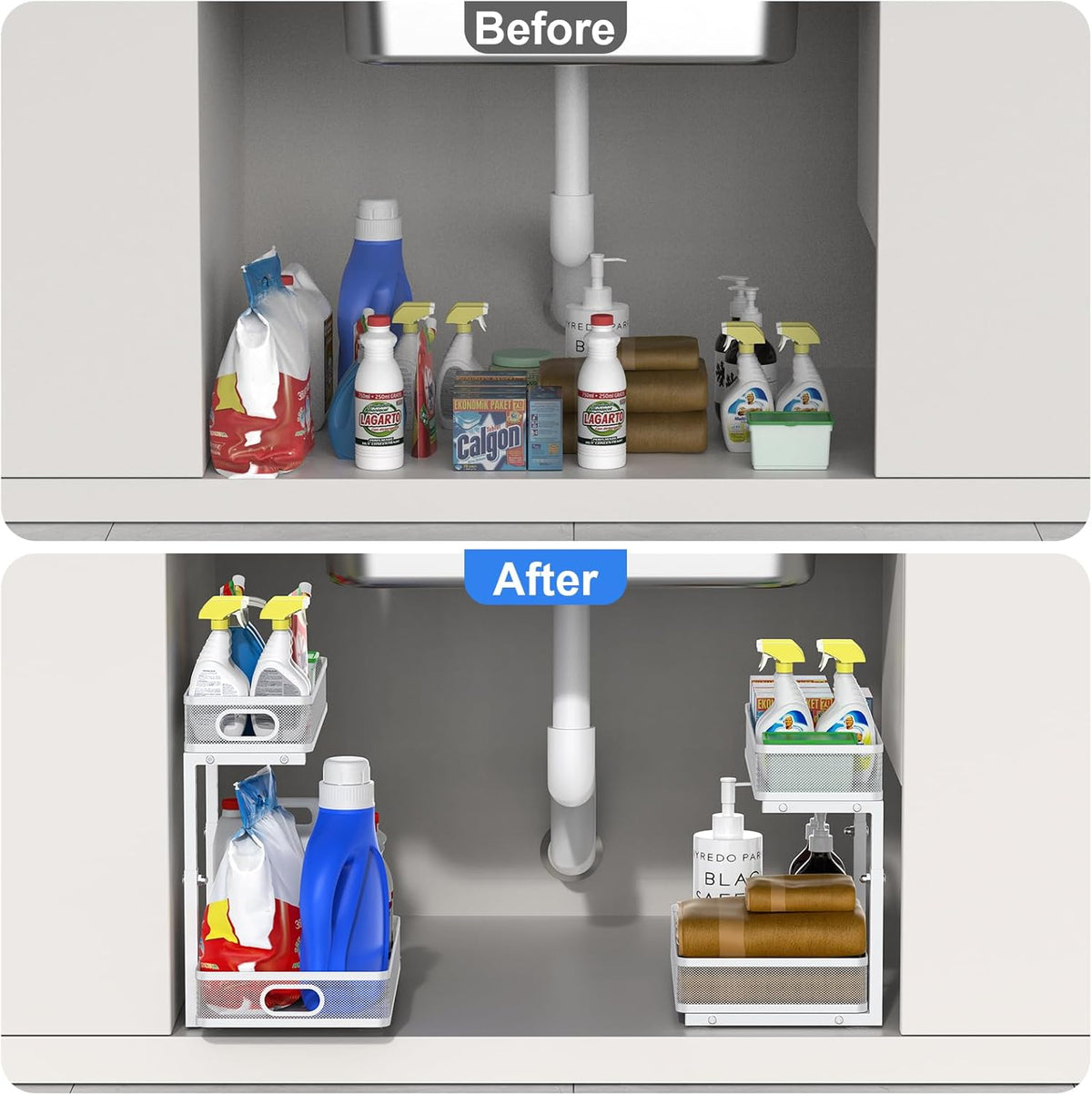 Under Sink Organizer, High Adjustable 2 Tier Under Sink Organizers and Storage, Slide Out Metal