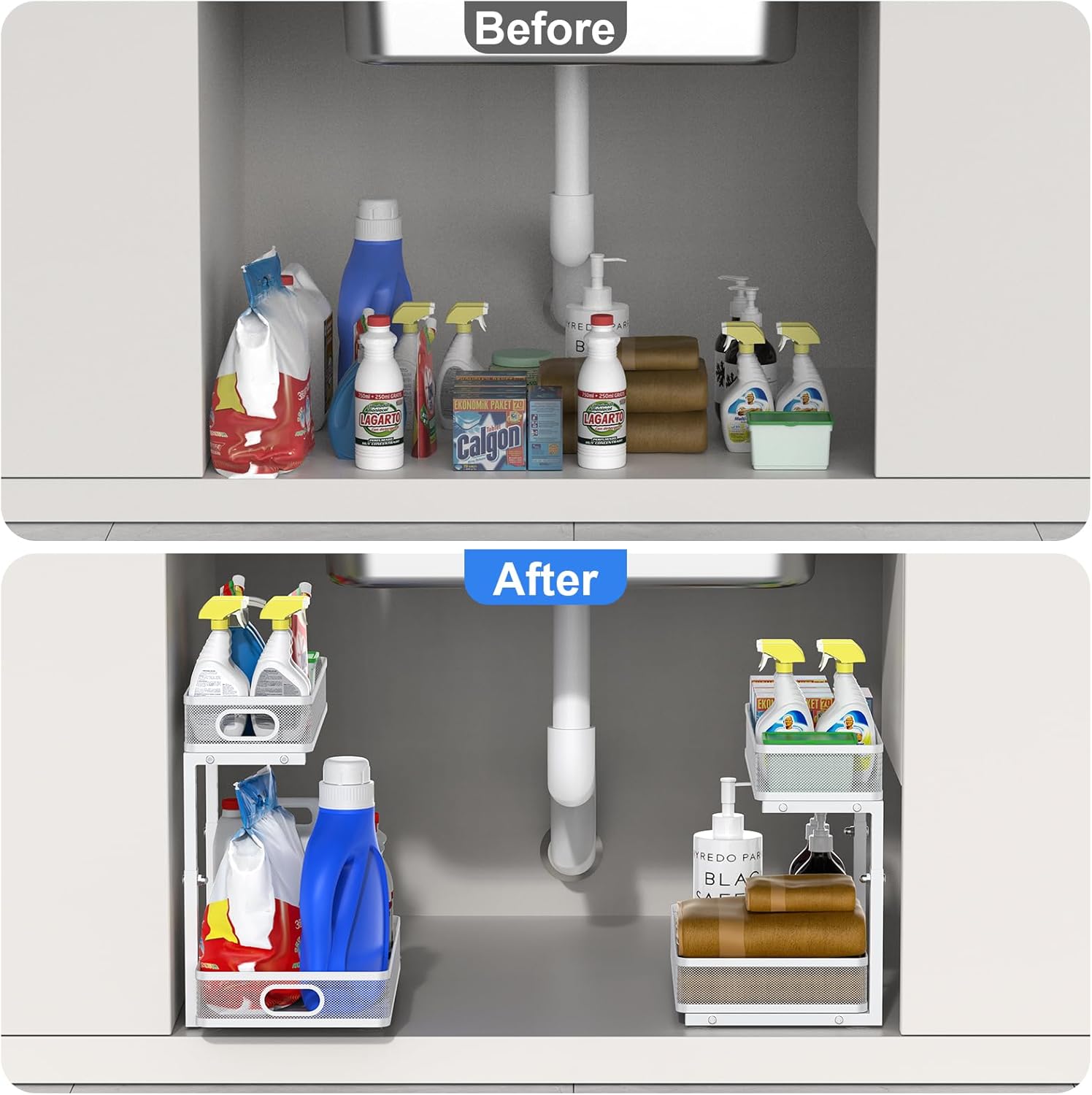 Under Sink Organizer, High Adjustable 2 Tier Under Sink Organizers and Storage, Slide Out Metal