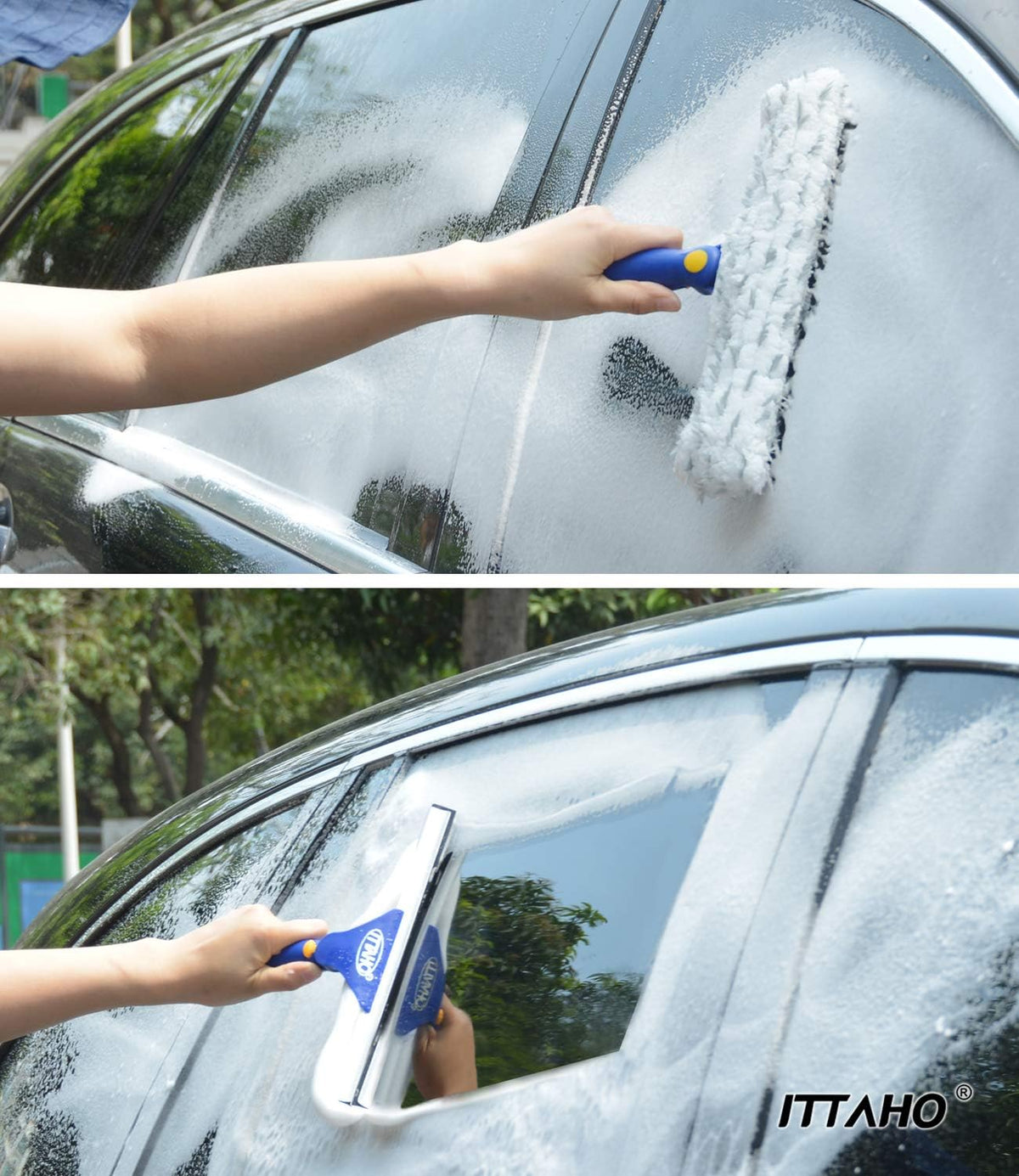 ITTAHO Squeegee for Window Cleaning,12" Squeegee and 11" Microfiber Scrubber Combi with Stainless