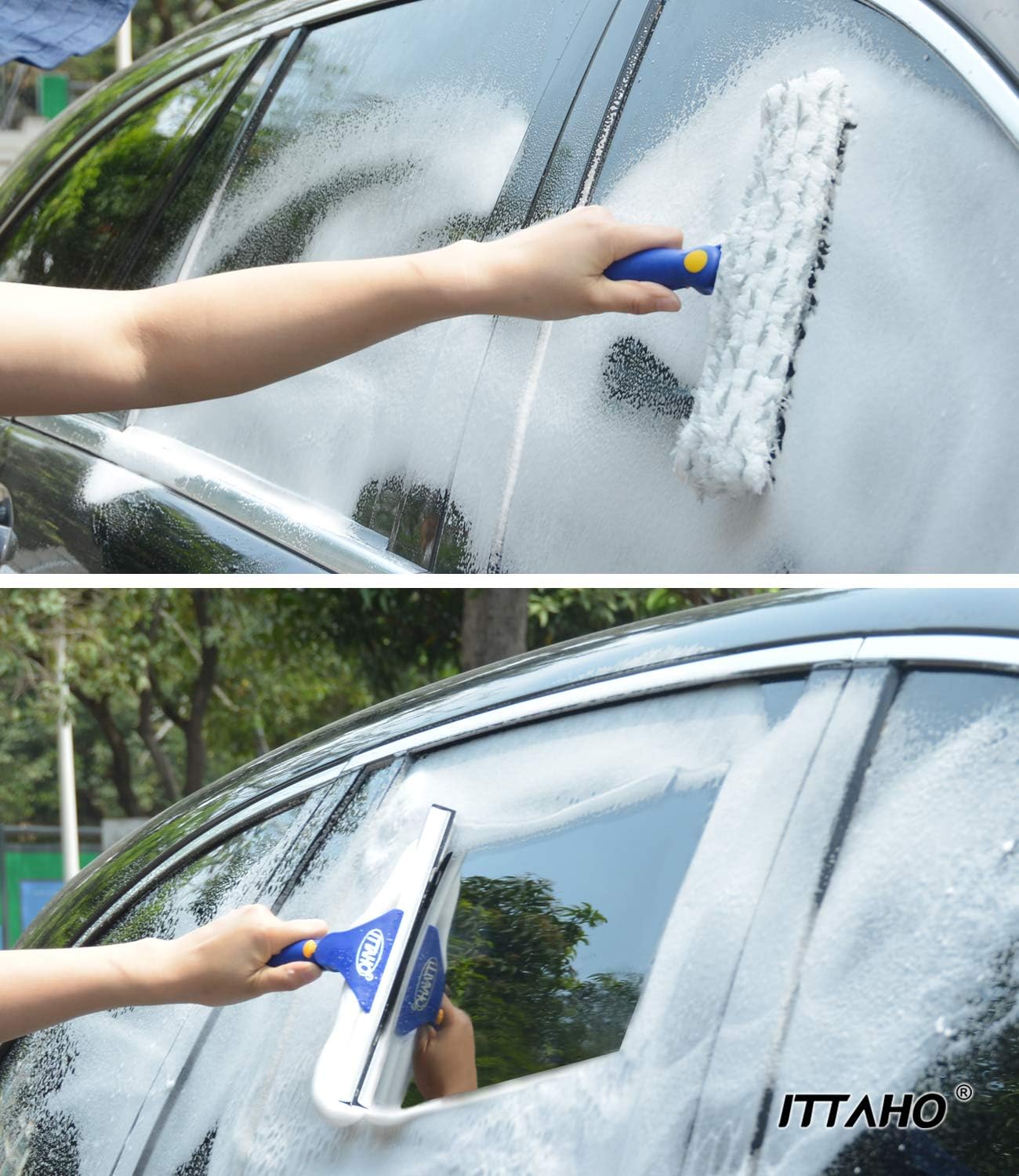 ITTAHO Squeegee for Window Cleaning,12" Squeegee and 11" Microfiber Scrubber Combi with Stainless