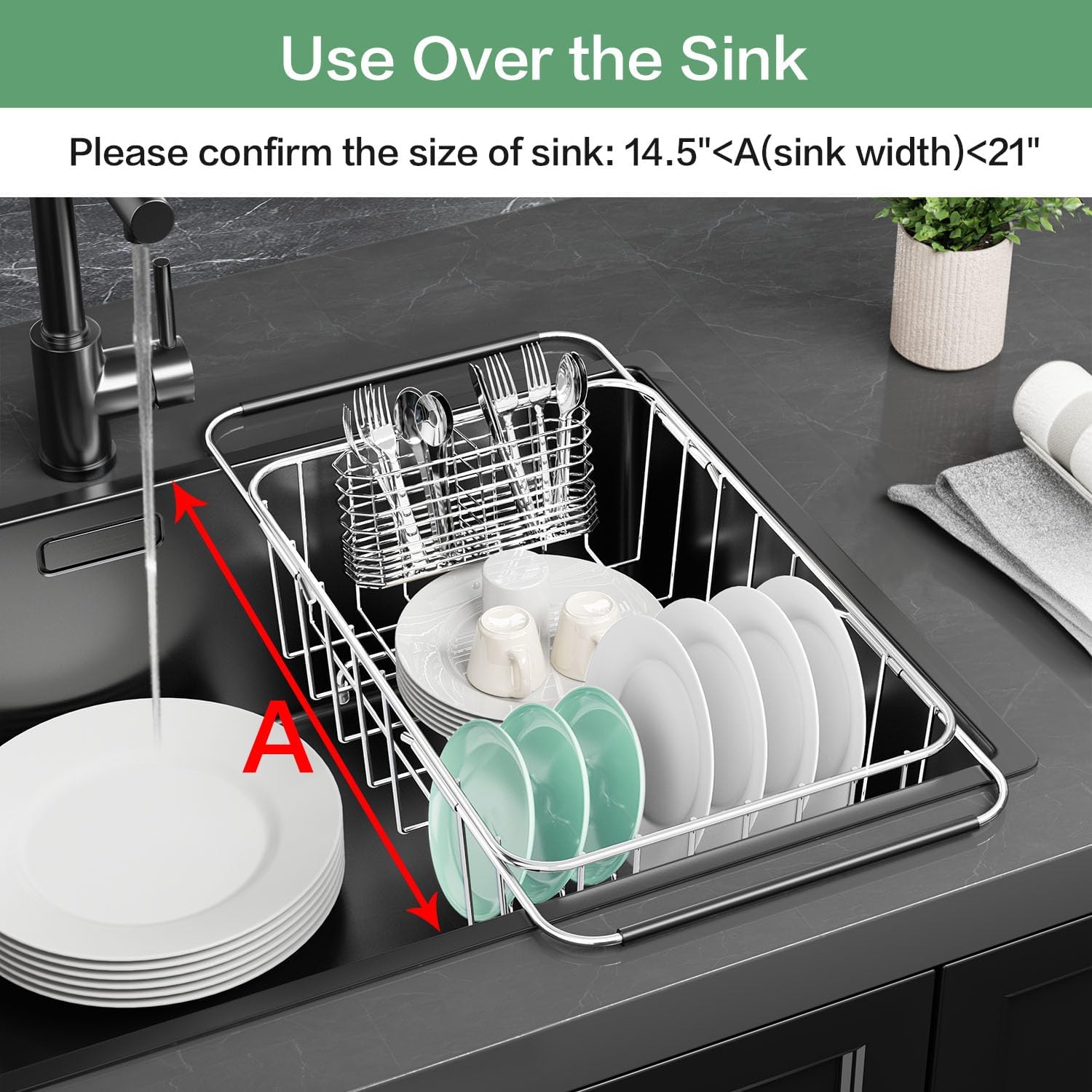 Dish Drainer Rack in Sink Adjustable, Expandable 304 Stainless Steel Metal Dish Drying Rack
