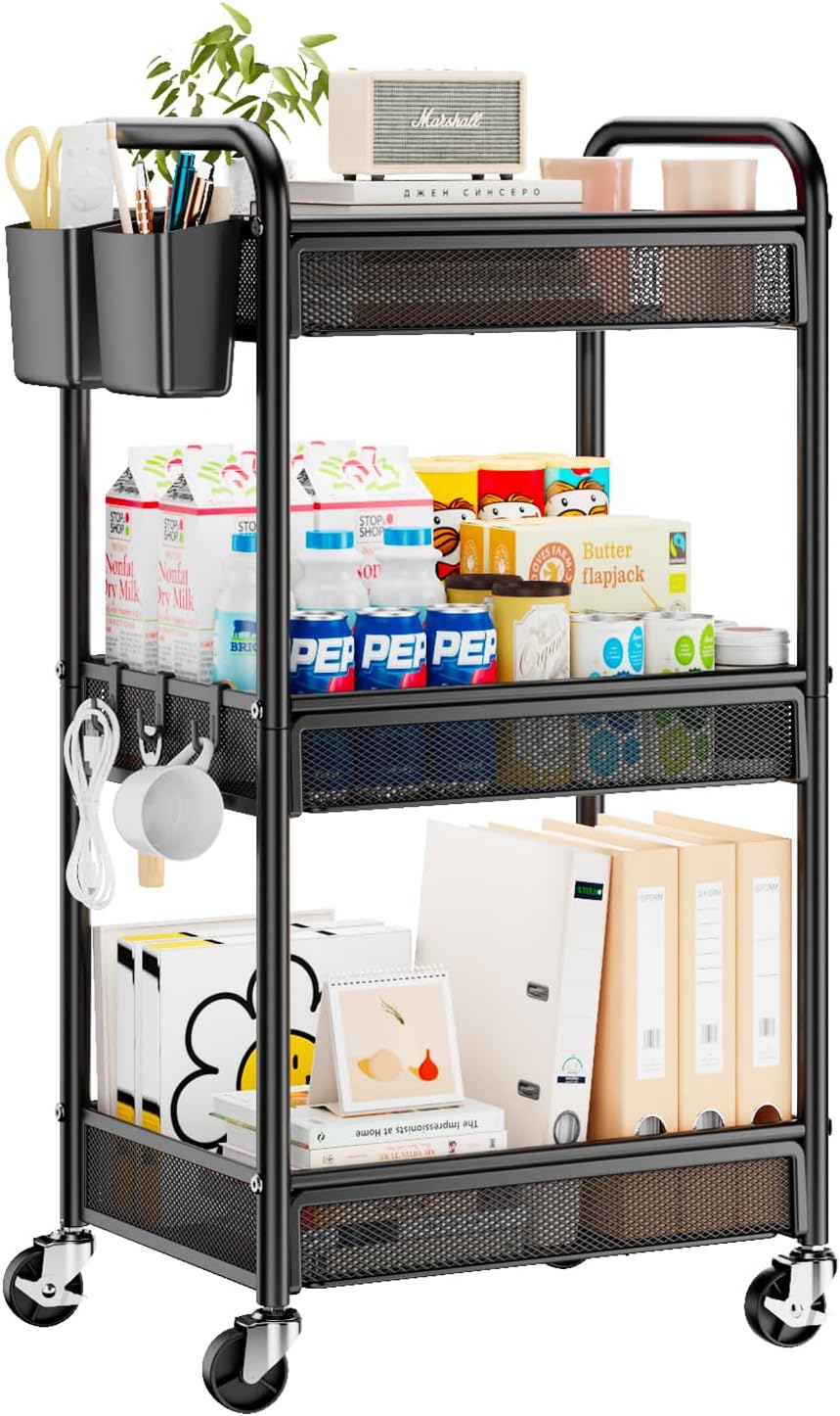 YASONIC 3 Tier Rolling Cart – Metal Utility Storage Cart with Wheels, Craft Cart Organizer with