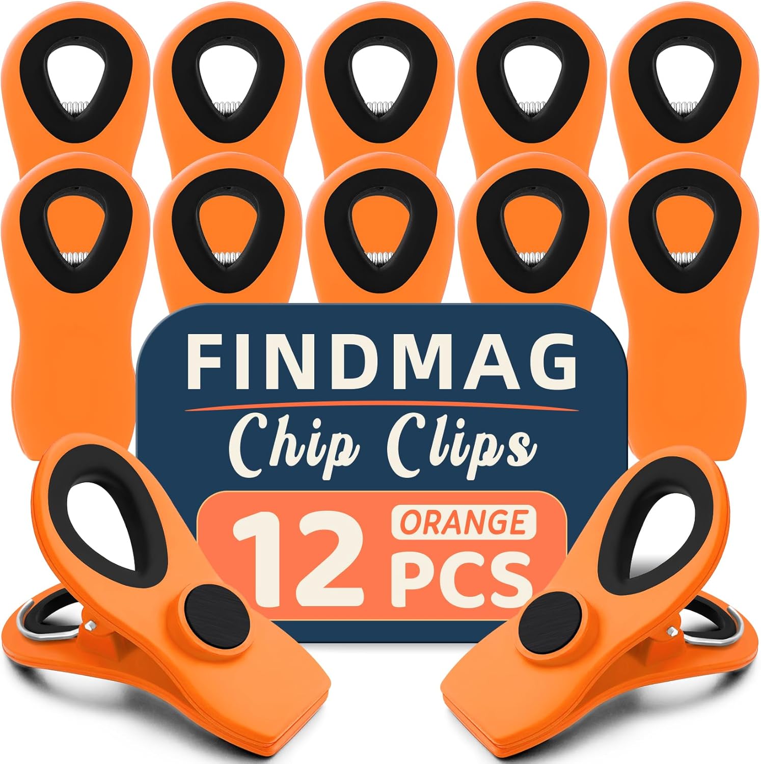 FINDMAG 12 Pack Big Chip Clips, Orange Magnetic Clip for Plants, Plastic Snack Clips for Bags, Food