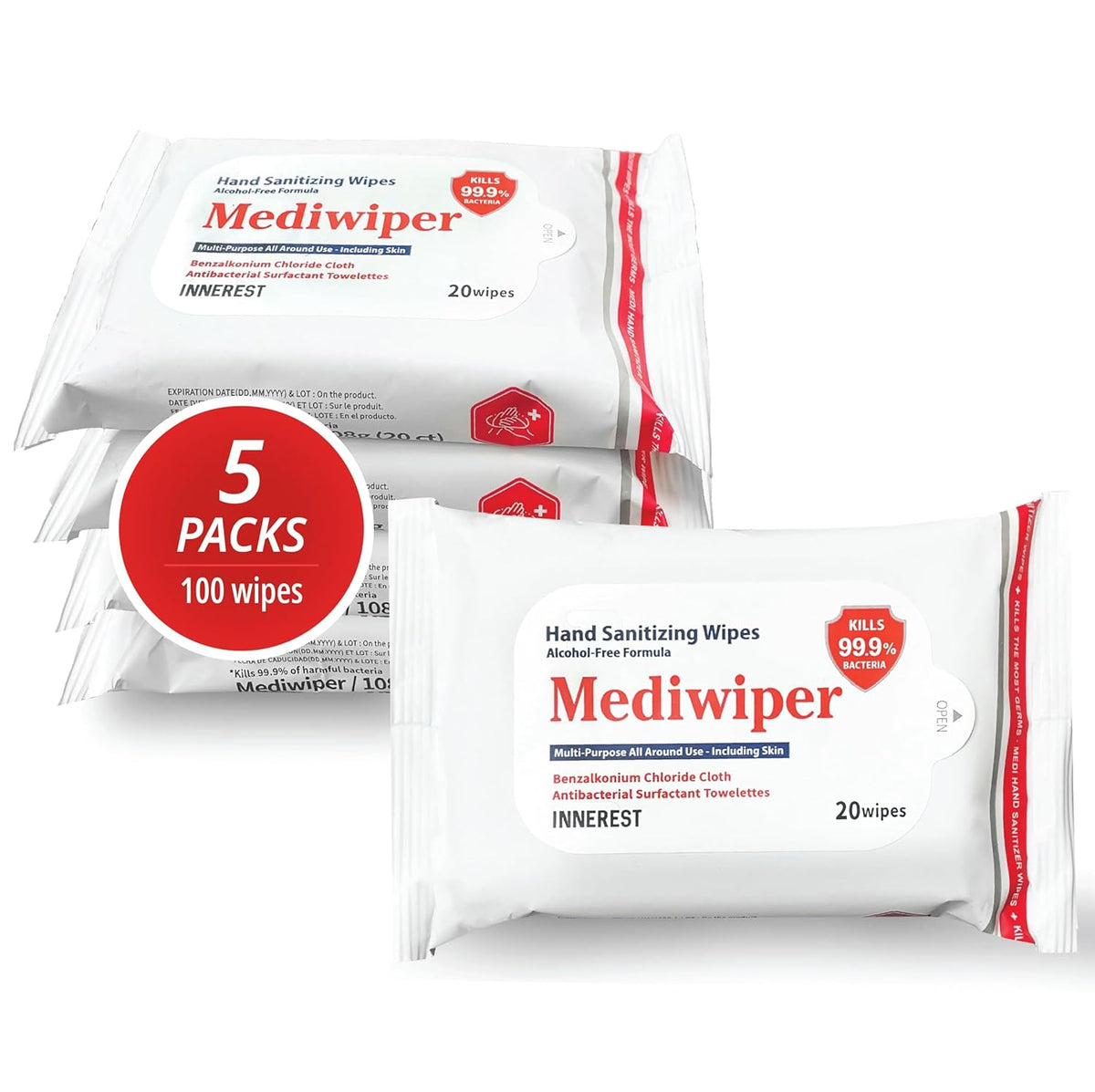 Mediwiper 20 Count Alcohol-Free Sanitizing Wipes Disinfecting Large Unscented Wet Wipes Bulk, Hand