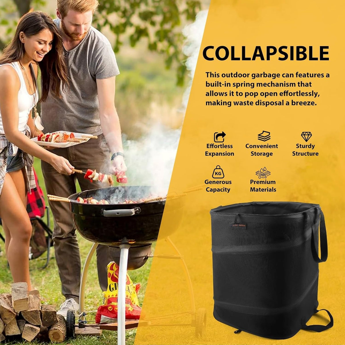 YUDI & GARDEN 19 Gallon Square Collapsible Yard Waste Bin｜Collapsible Trash Can｜Camping Trash Can