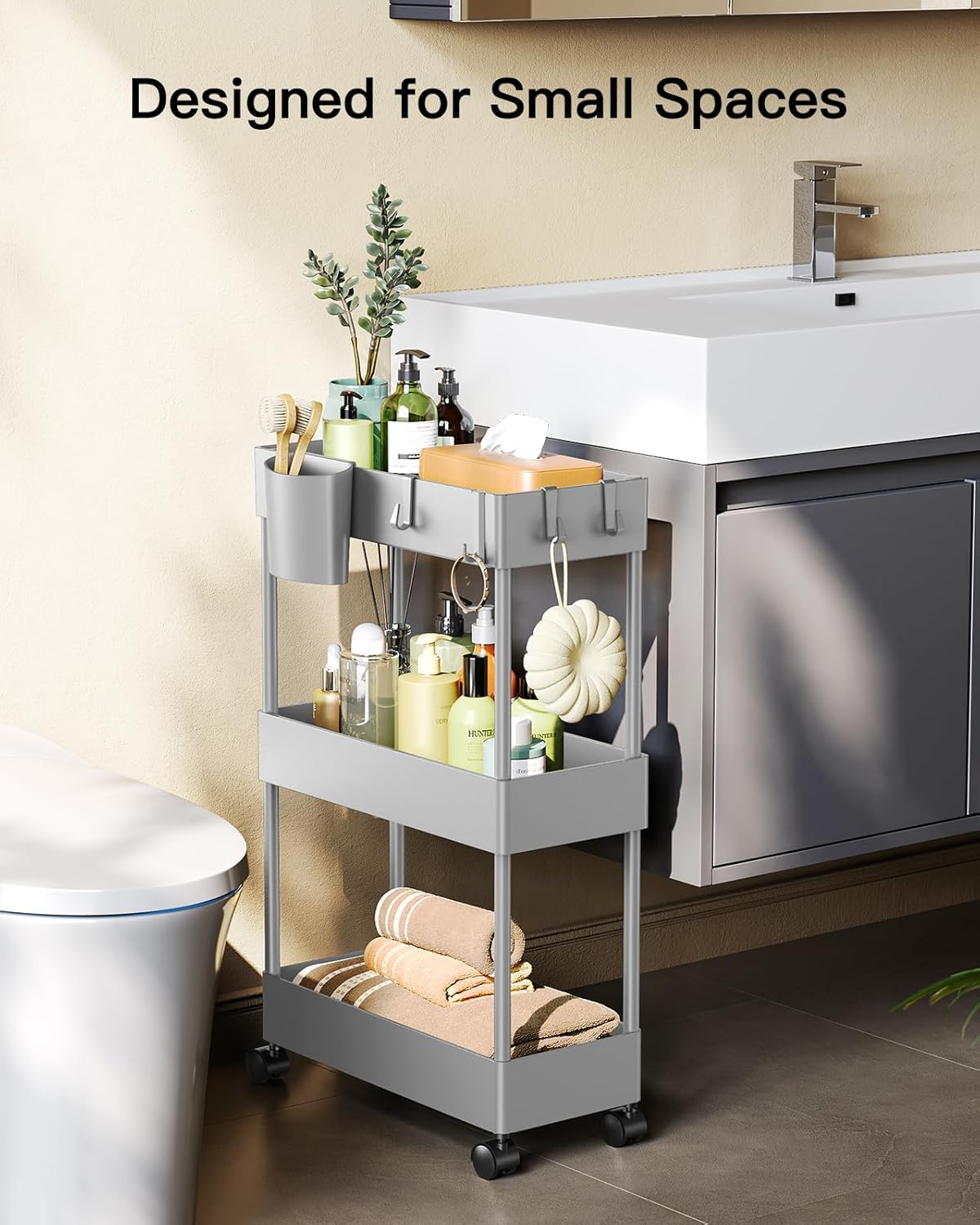 Pipishell Slim Storage Cart with Wheels - 3 Tier Bathroom Organizers and Storage Cart - Rolling