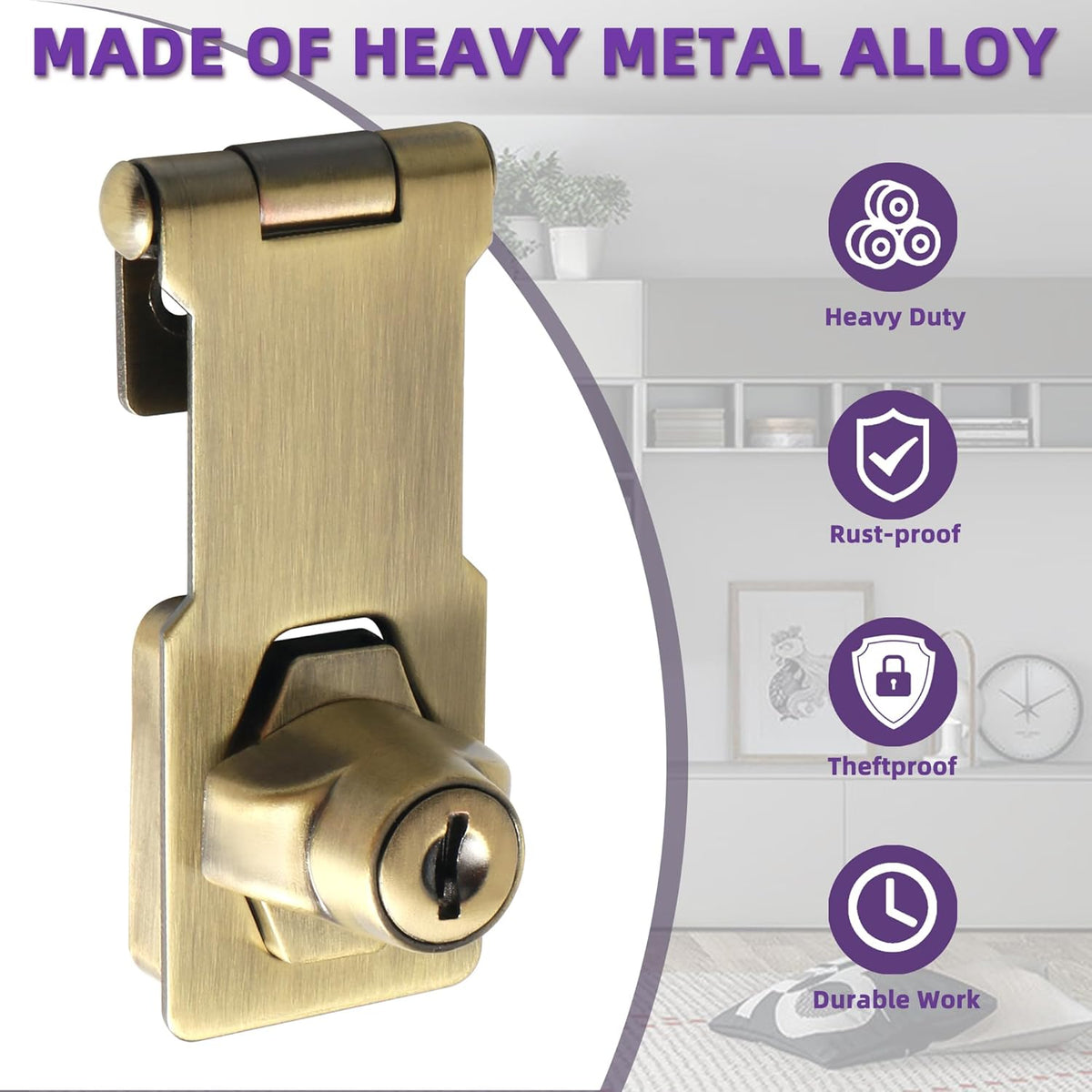 Alise Keyed Hasp Lock,3 Inch Safety Packlock Clasp Hasp Lock Latch with Lock,Door Hinge Lock with