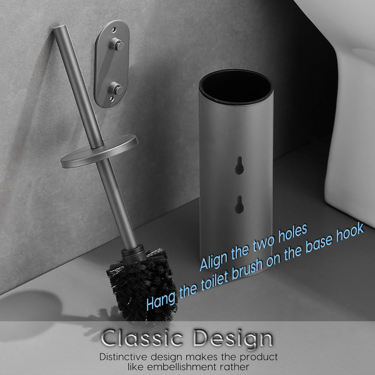 Stainless Steel Toilet Brush and Holder Set, No-Punch Hook Base Dual Purpose Toilet Brush Holder