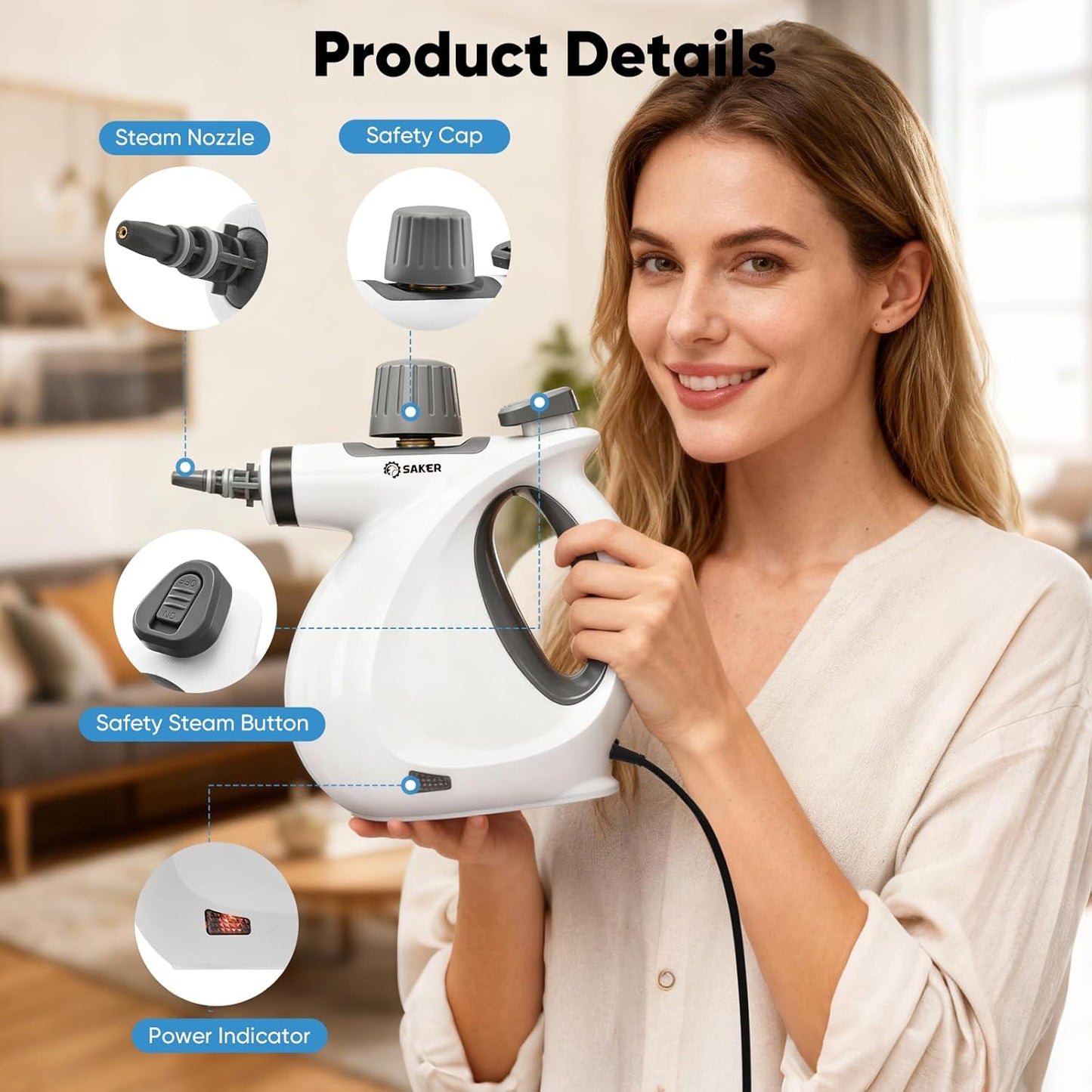 Saker Handheld Steam Cleaner New,Portable Steam Cleaner for Home,1050W Steam Cleaner,5 Fiber Cloths