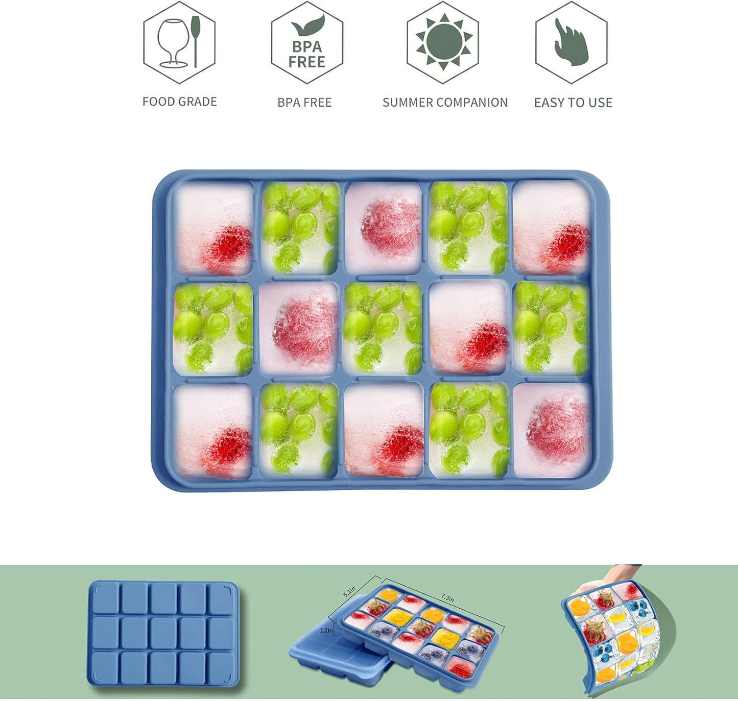 Ice Cube Trays Set of 2, Easy Release 15 Flexible Silicone Ice Cube Molds with Removable Lid