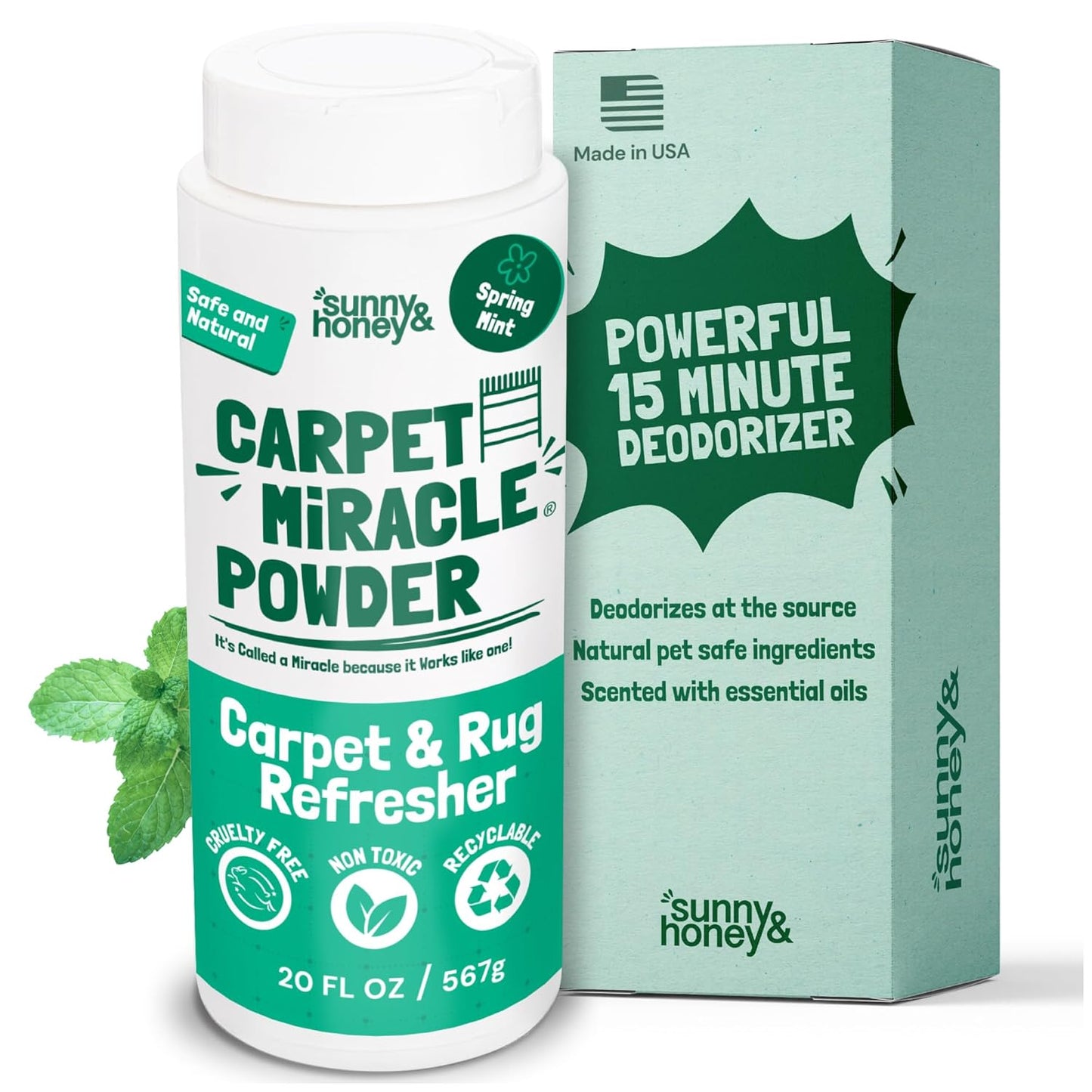 Sunny & Honey Carpet Deodorizer Powder - 20 Oz, Spring Mint - Odor Eliminator & Rug Freshener