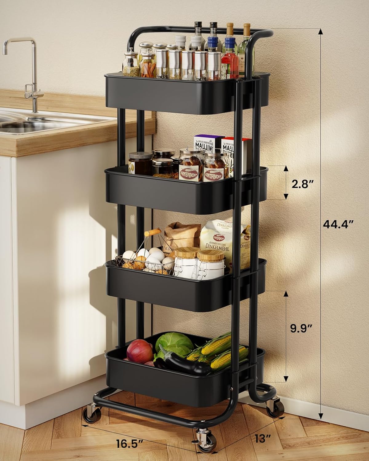 Pipishell 4 Tier Mesh Utility Cart, Rolling Metal Organization Cart with Handle and Lockable