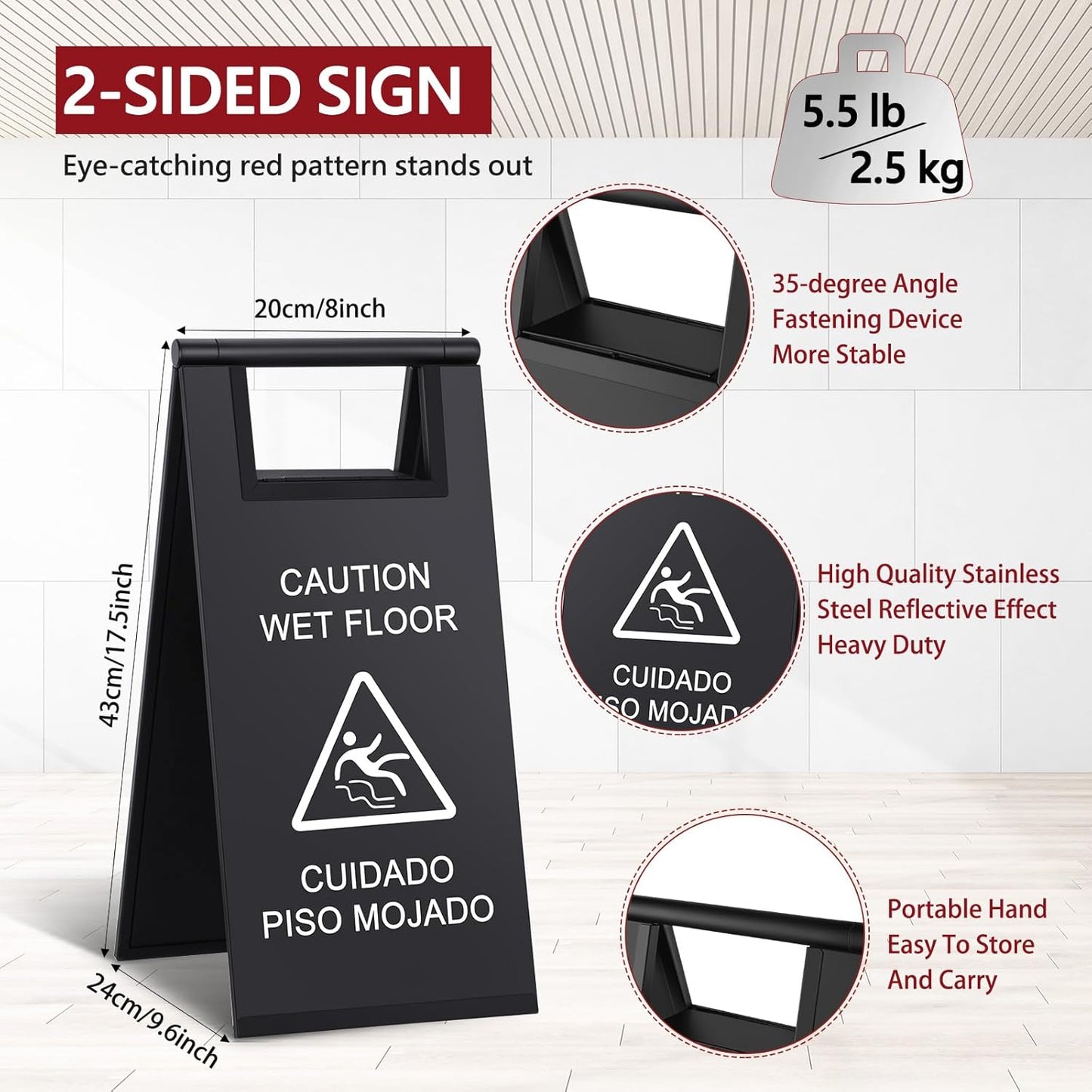 Kigley 2 Pcs Wet Floor Sign, 17 Inch Stainless Steel Caution Wet Floor Sign Double Sided Portable