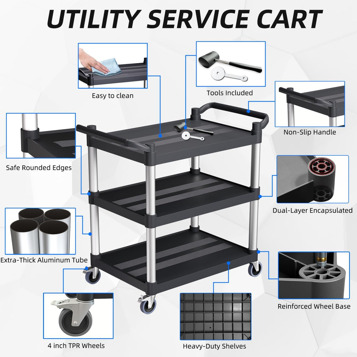 Plastic Utility Carts with Wheels, 3-Tier Rolling Service Cart, 300 lbs Heavy Duty Capacity with 4