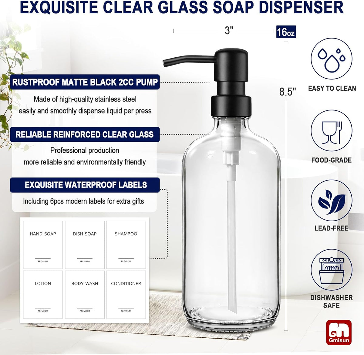 GMISUN Glass Soap Dispenser with Pump, 2 Pack Clear Bathroom Hand Soap Dispenser with Stainless