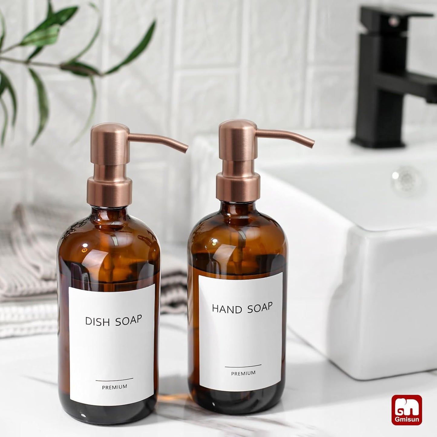 GMISUN Amber Glass Soap Dispenser, 2 Pack Bathroom Hand Soap Dispensers with Rose Gold Pump, 17 Fl
