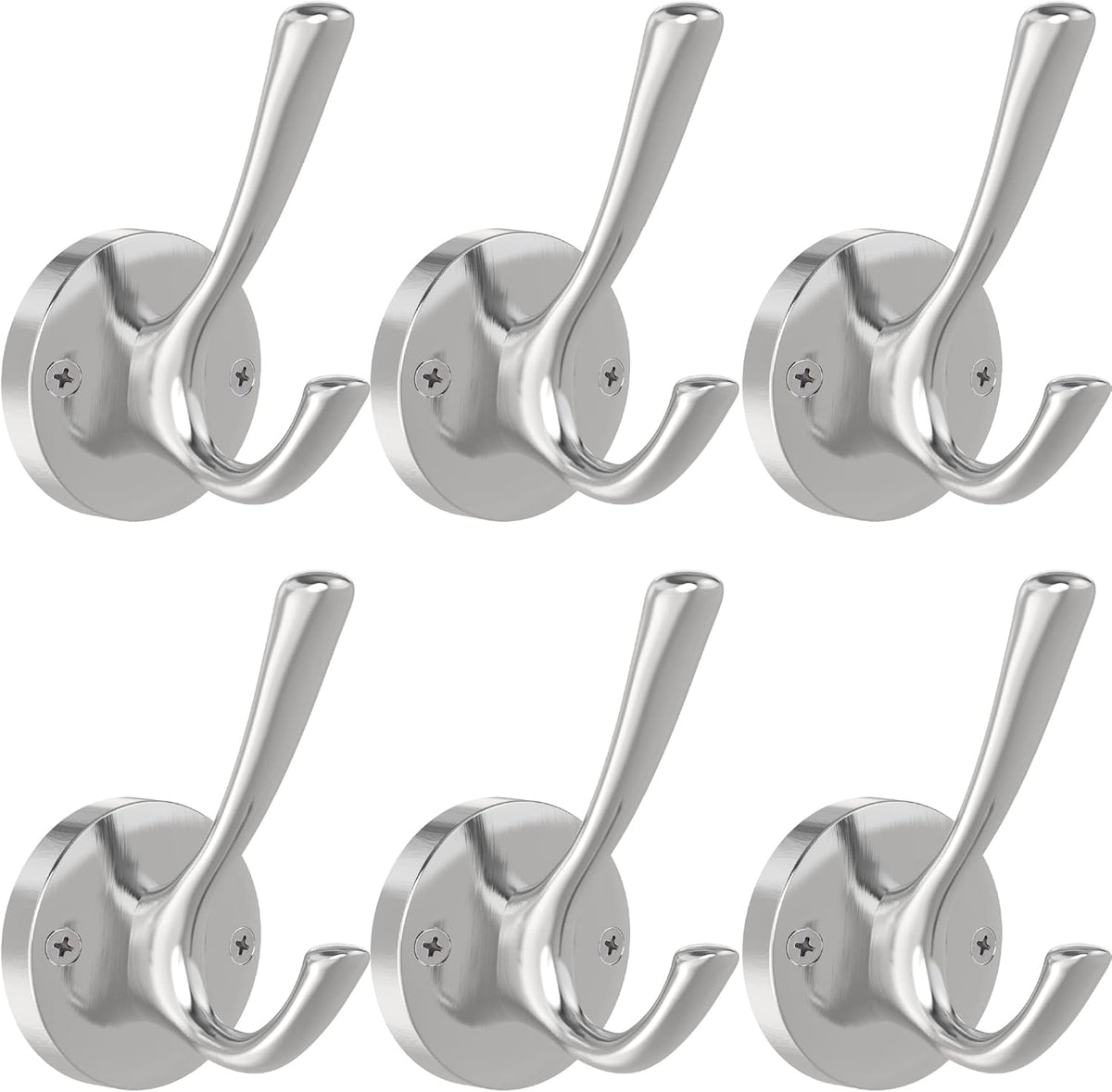 Brushed Nickel Wall Hooks, 6 Pack Coat Robe Hook Heavy Duty Metal Double Bath Hook Wall Mounted
