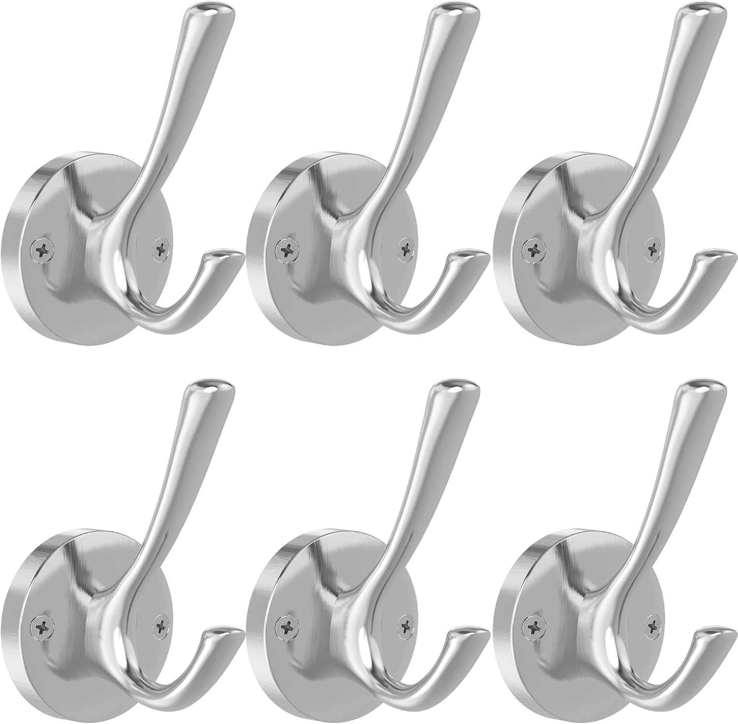 Brushed Nickel Wall Hooks, 6 Pack Coat Robe Hook Heavy Duty Metal Double Bath Hook Wall Mounted