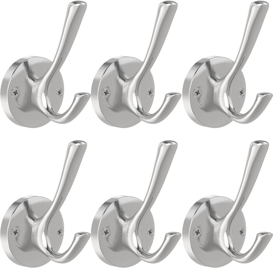 Brushed Nickel Wall Hooks, 6 Pack Coat Robe Hook Heavy Duty Metal Double Bath Hook Wall Mounted