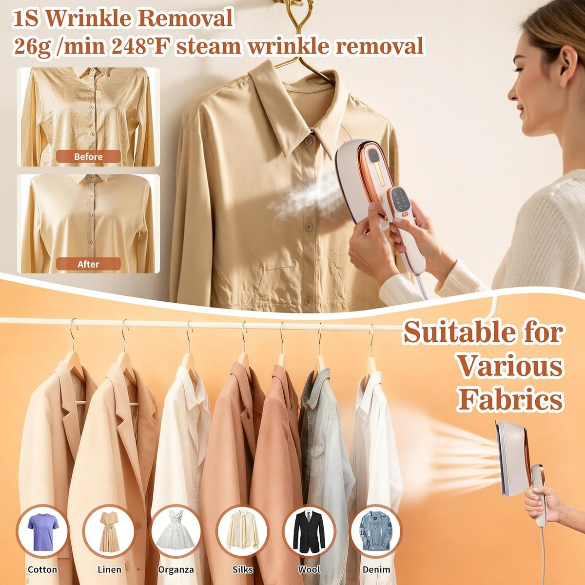 Handheld Garment Steamer 1500W – Large Ironing Panel, 20s Fast Heat-Up, 17 Steam Vents, 8 Fabric