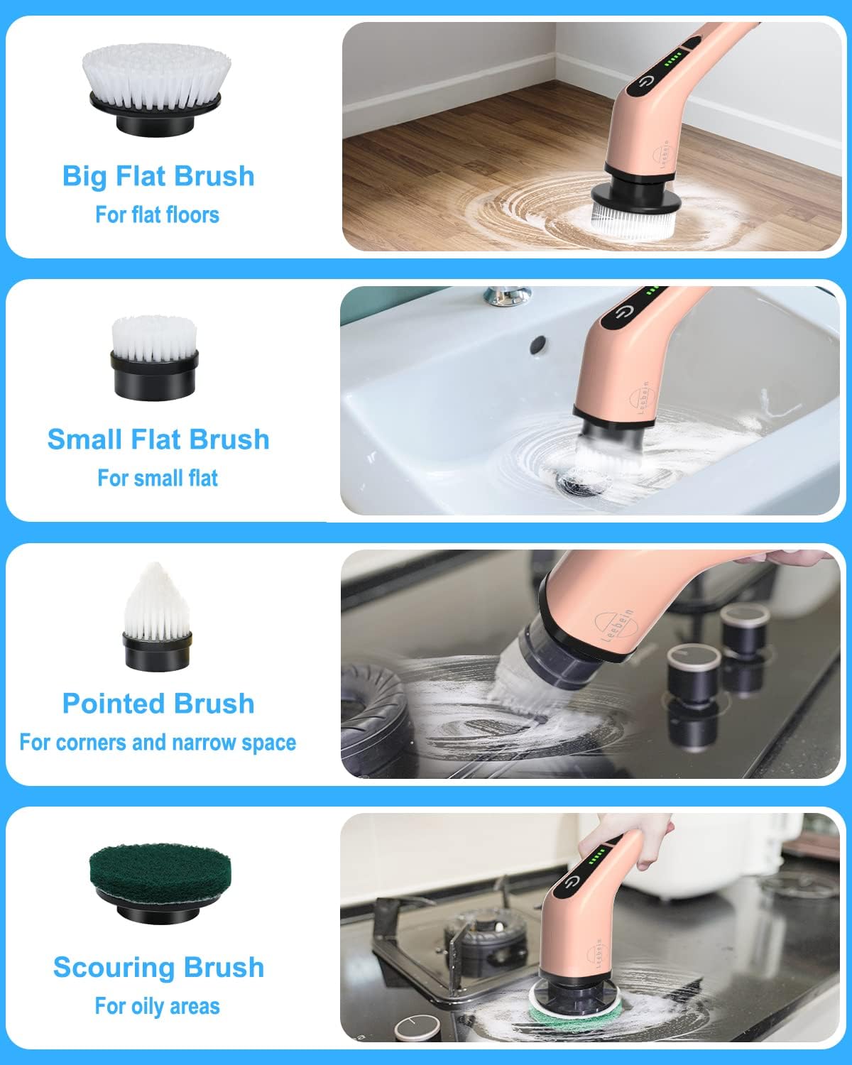 Leebein Electric Spin Scrubber, Cordless Powerful Scrub Brush for Cleaning Bathroom, Kitchen