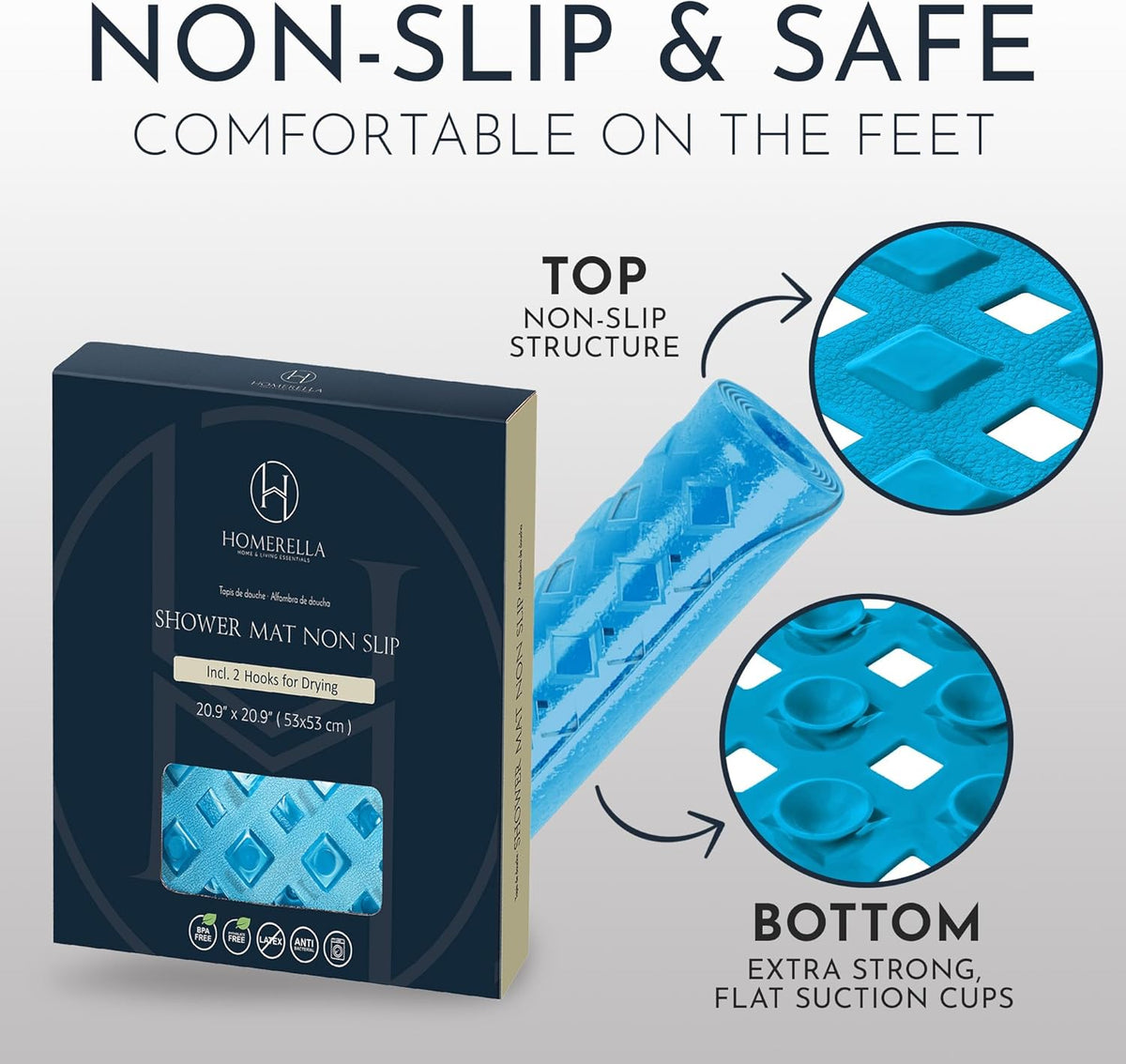 Homerella Anti Slip Shower Mat | Anti Mold Non Slip Bathtub Mat for Inside Shower | Square Floor