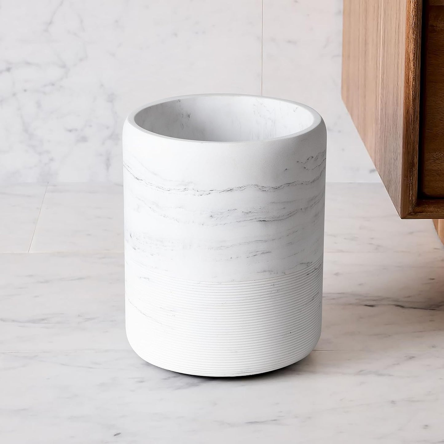 Bathroom Trash Can - Decorative Wastebasket Finished in Resin, Beautiful Marble Look, Modern Round